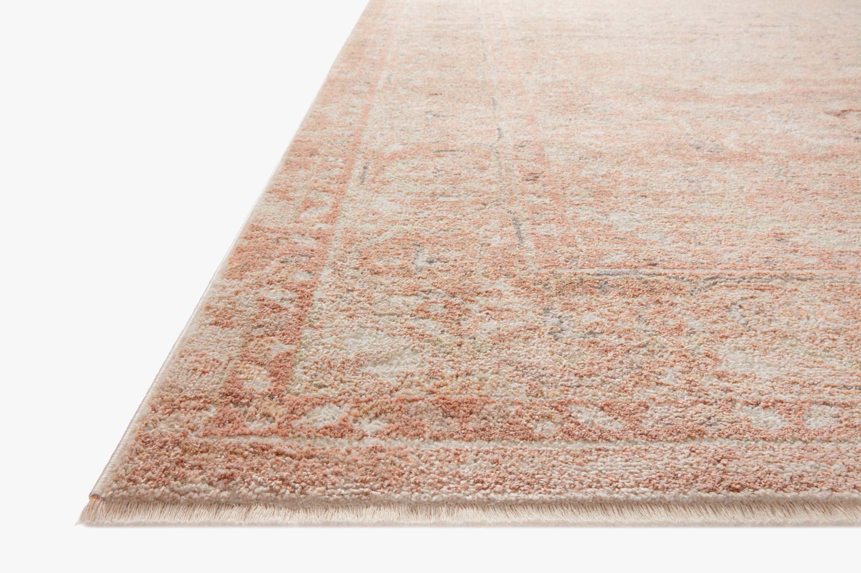 Terracotta and natural flatweave area rug with distressed geometric pattern and fringe