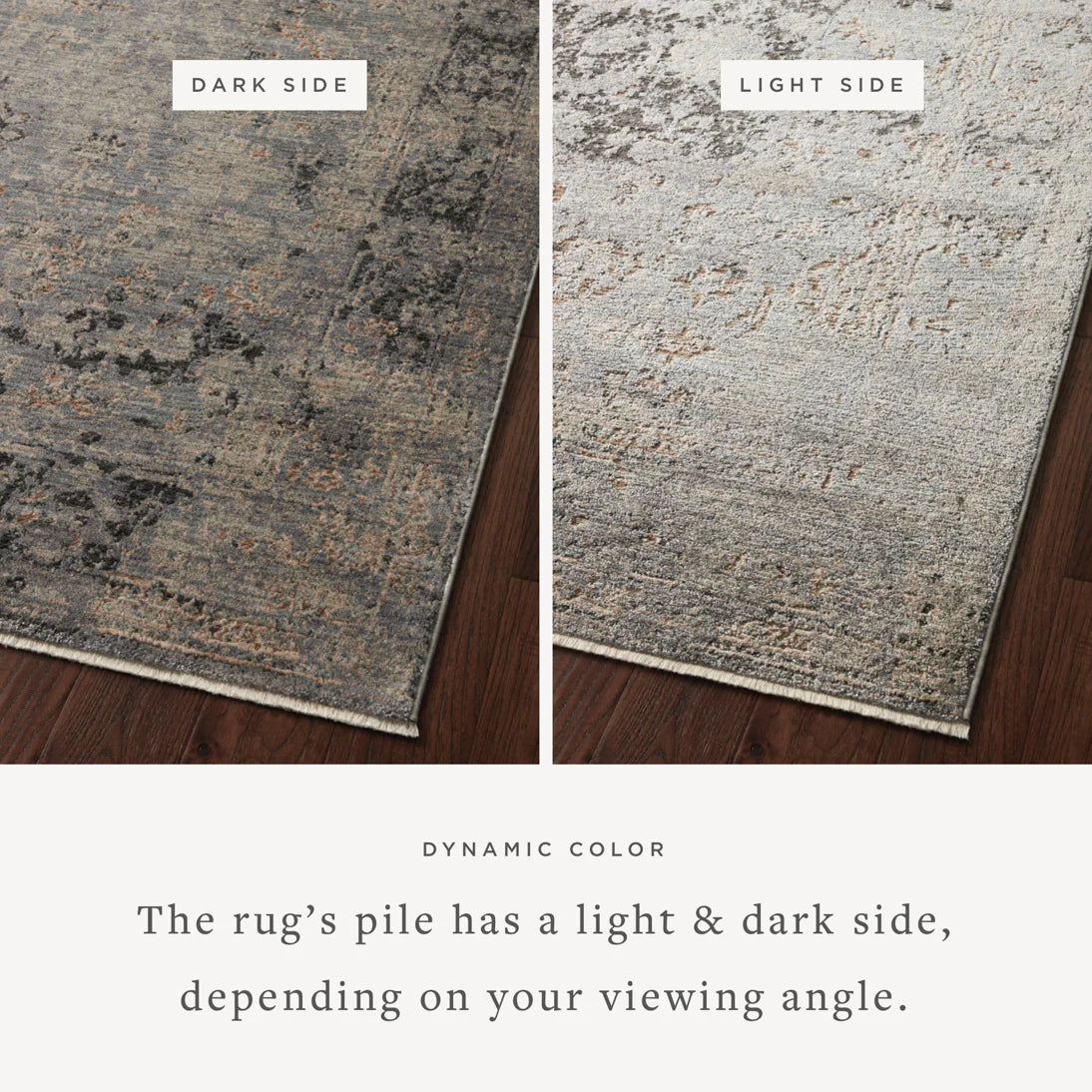 Reversible area rug showing dark and light sides, textured distressed look