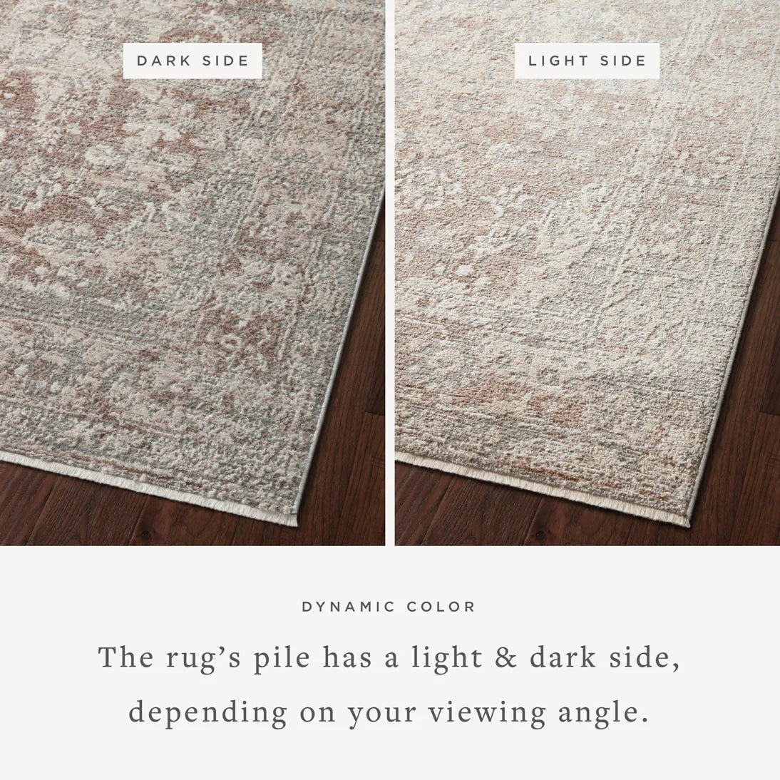 Textured area rug showing light and dark sides with mottled silver and natural tones