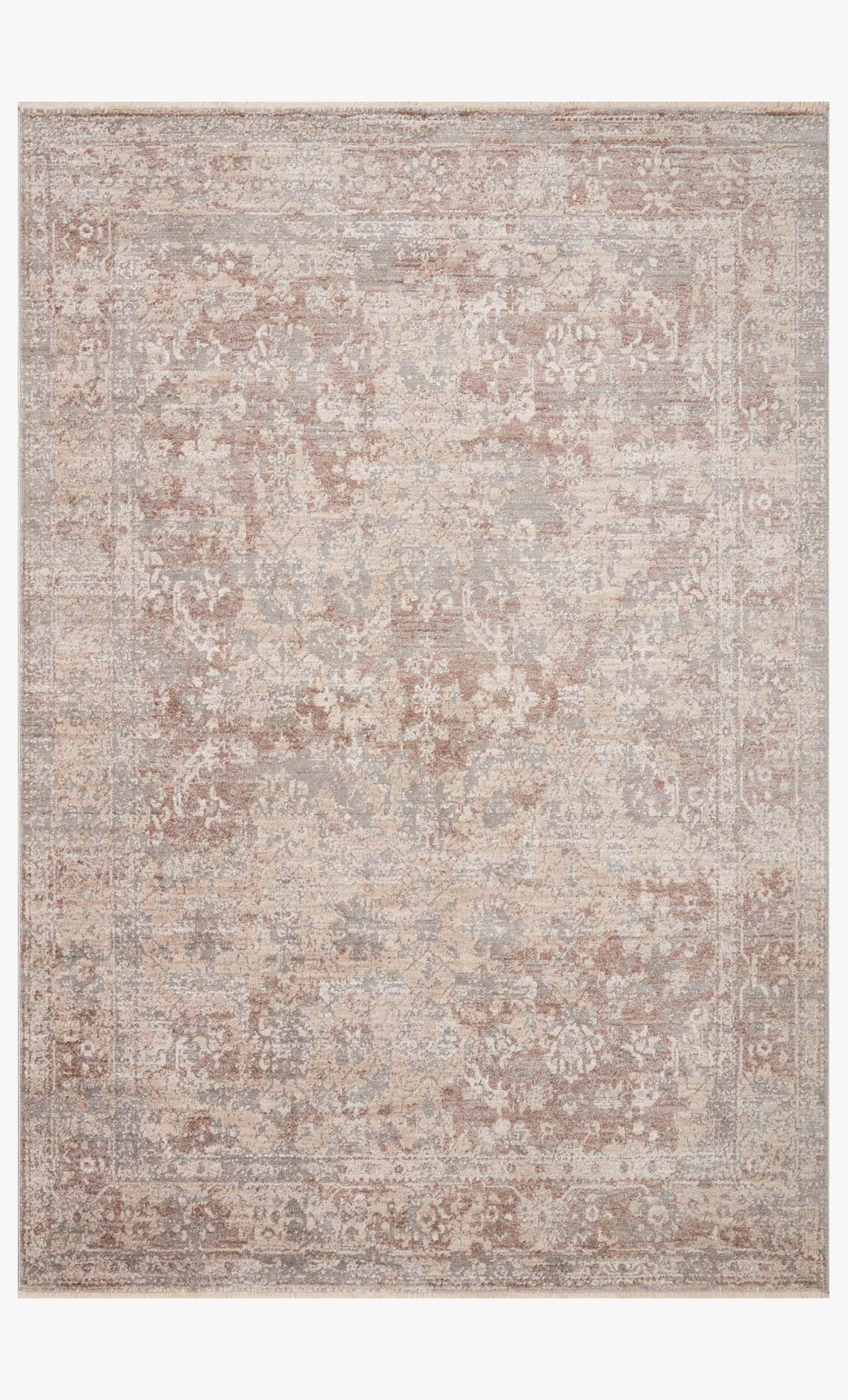 Rectangular area rug with distressed all-over pattern in silver and natural