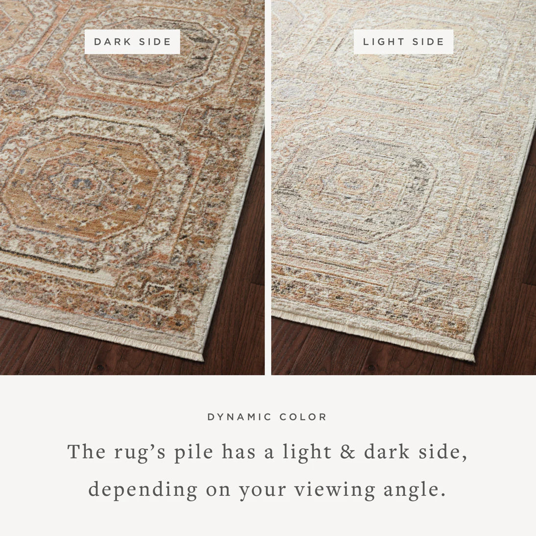 Apricot area rug with contrasting light and dark sides, ornate medallion design