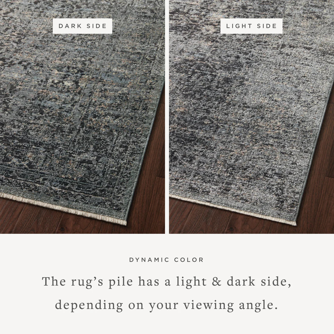 Charcoal and mist rug showing light vs dark side, corner detail with textured pile.