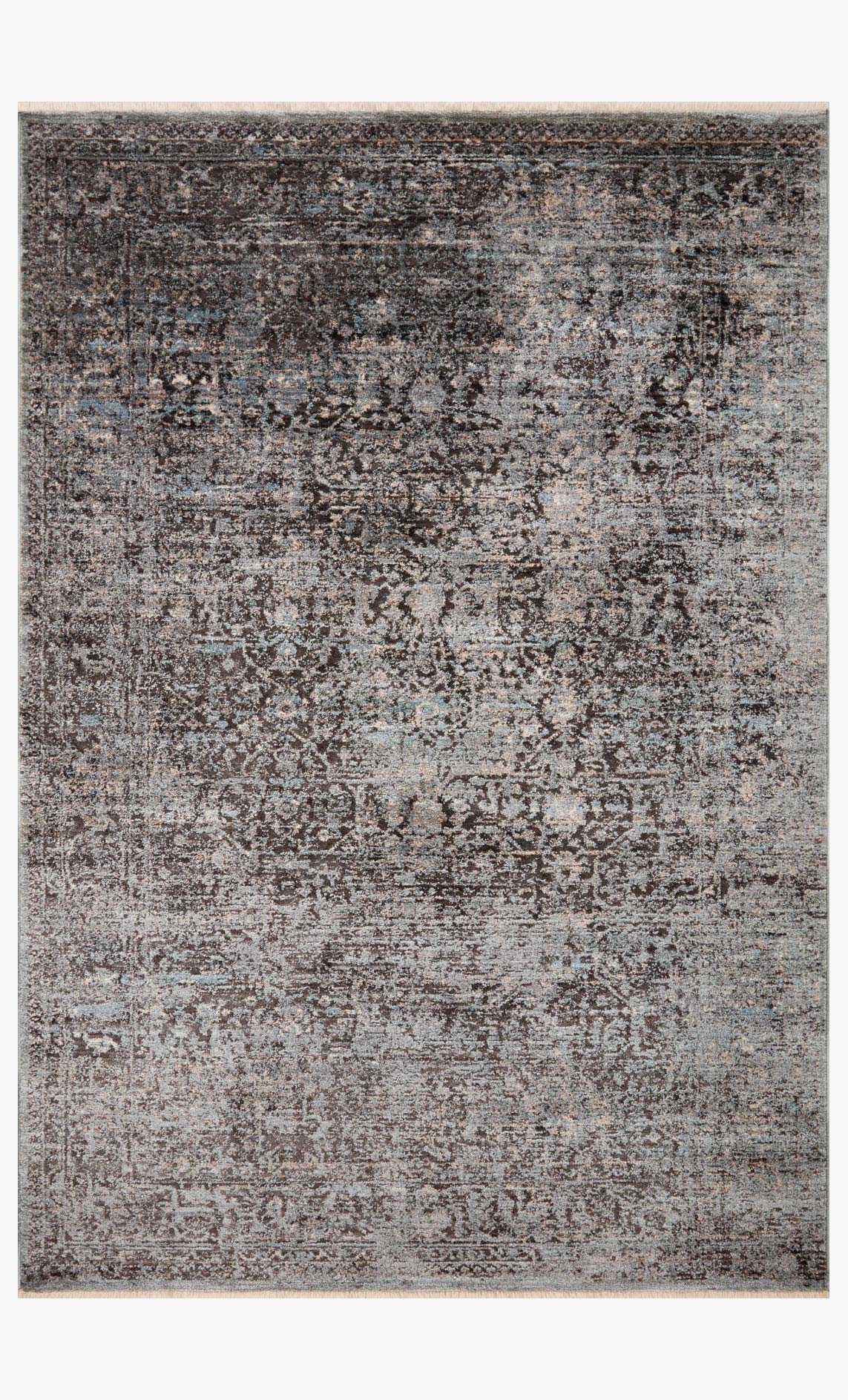 Charcoal-and-mist distressed area rug with vintage ornate pattern across surface.