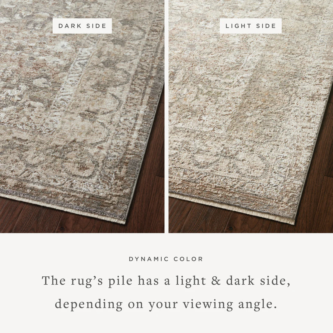 Abstract distressed area rug showing light and dark pile variation in gray and sage
