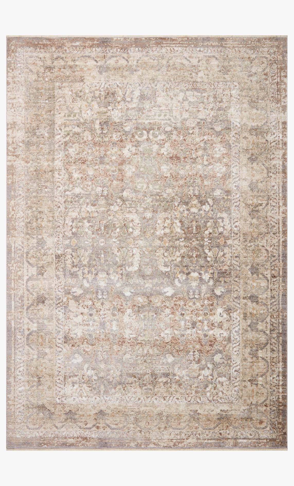 Large bordered area rug with ornate abstract design in beige, gray, and sage