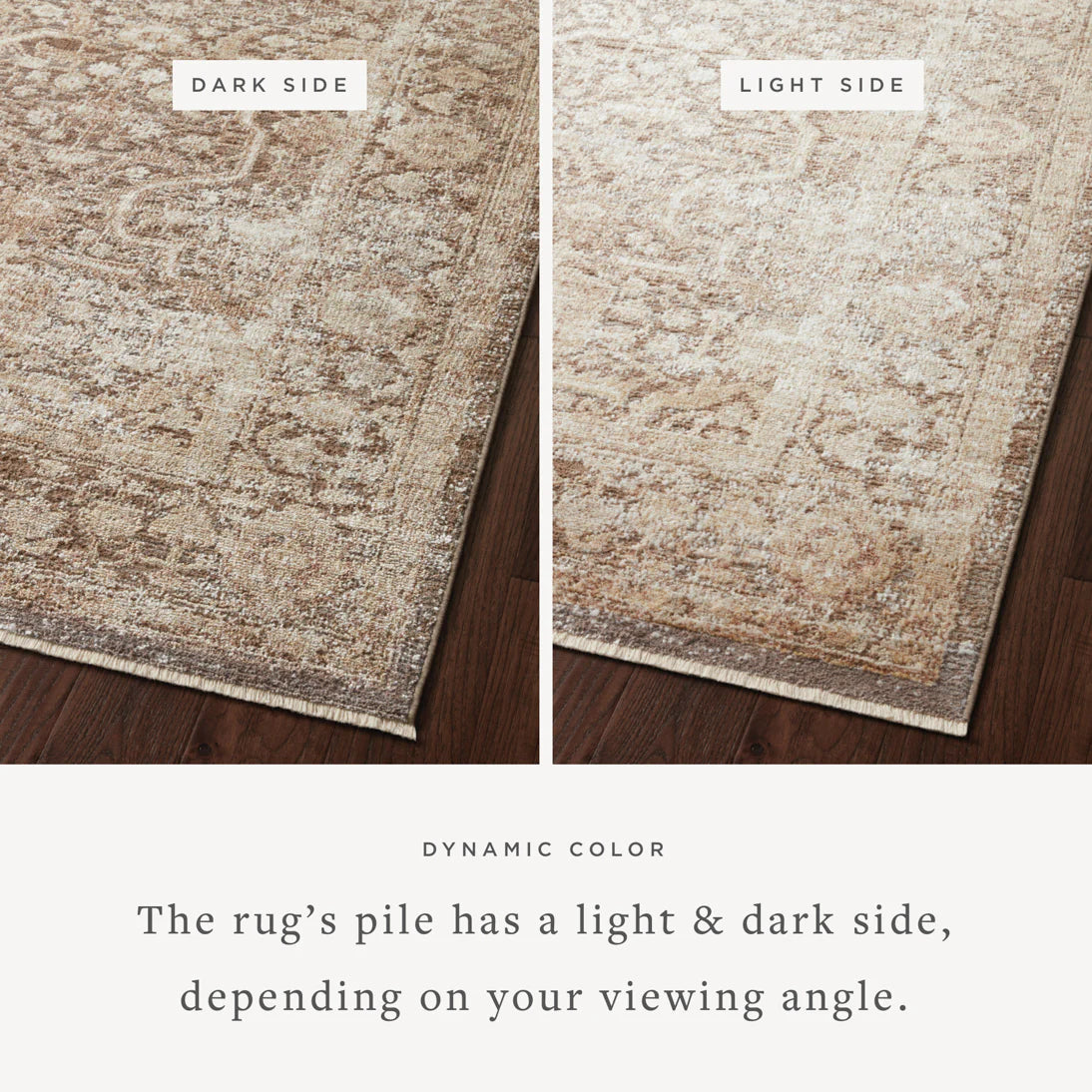 Mocha and tan runner rug with lighter and darker pile sides, distressed abstract texture