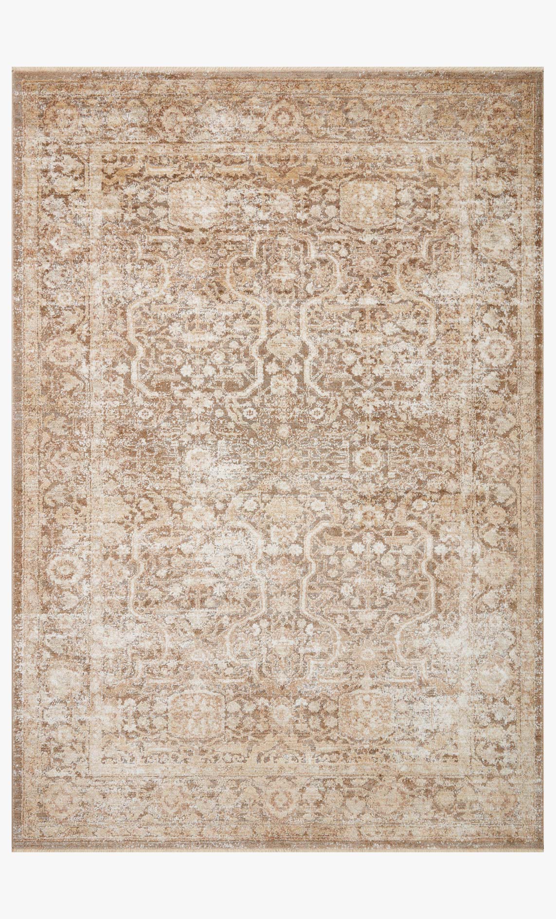 Runner rug with ornate distressed medallion pattern in tan and mocha, bordered