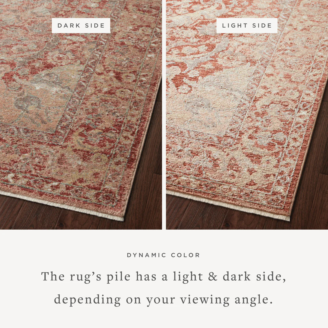 Spice area rug showing two-tone pile—darker rust and teal-gray, lighter beige and orange