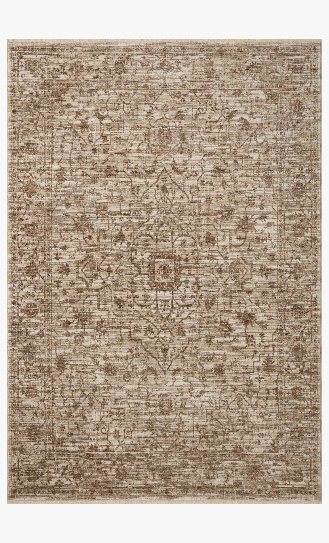 Rectangular traditional accent rug with distressed beige and brown all-over design