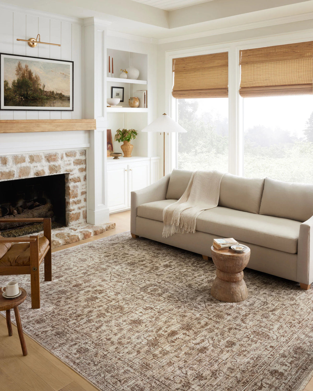 Traditional accent rug with distressed beige and brown motif in a living room
