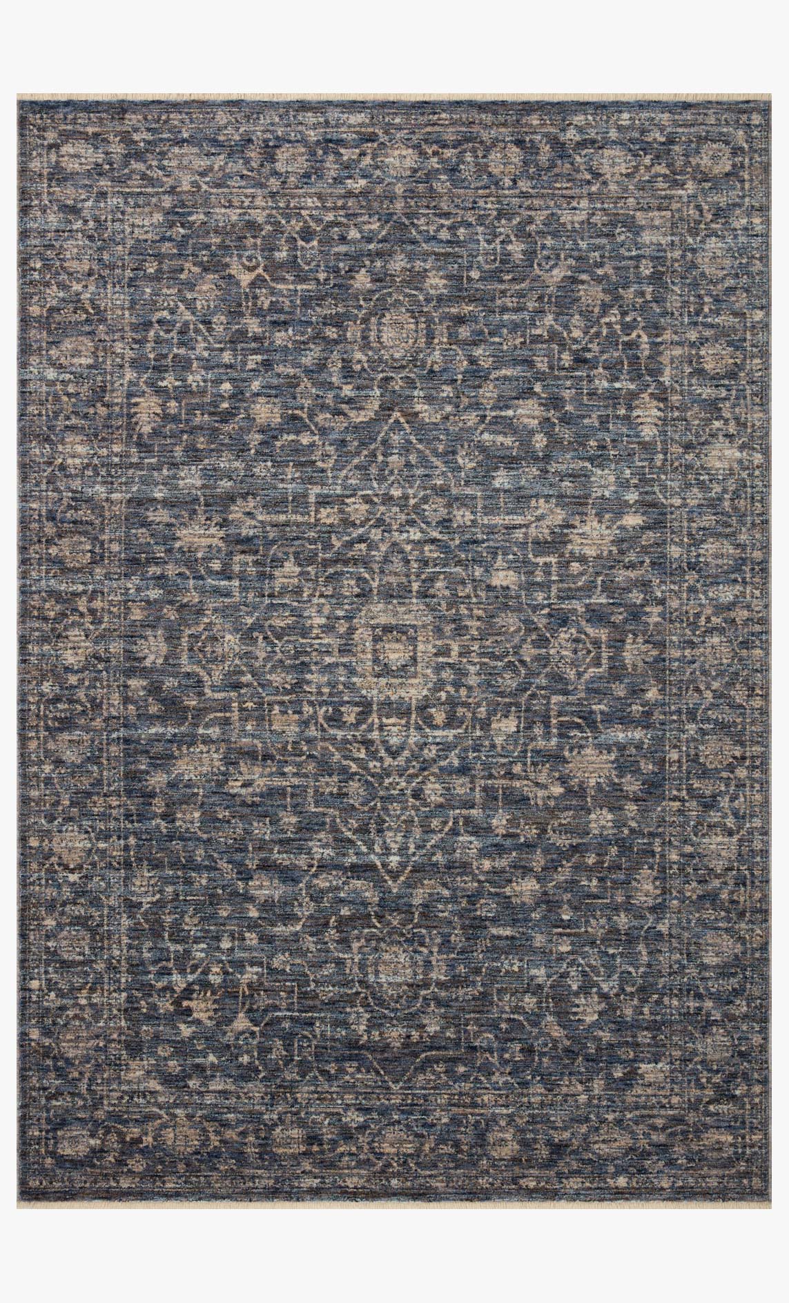 Traditional area rug with blue and cream medallion pattern, flatweave, decorative border