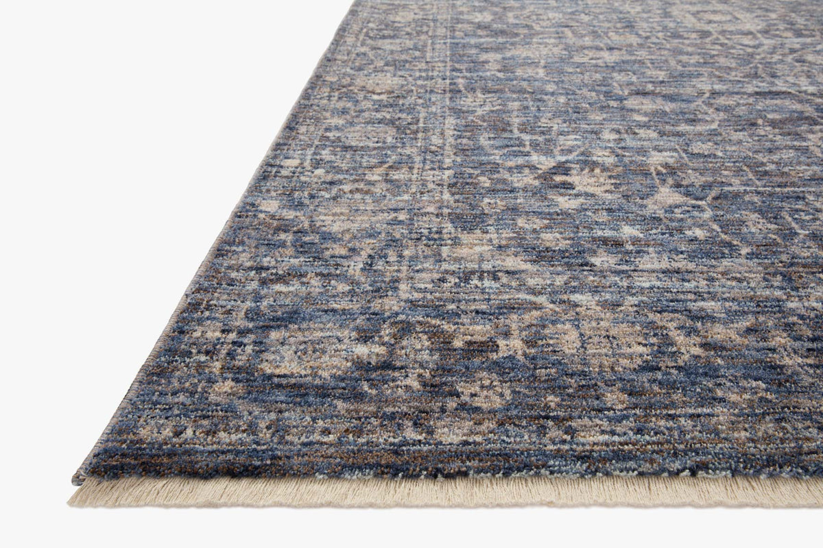 Blue and natural traditional runner rug with distressed medallion pattern, flat woven