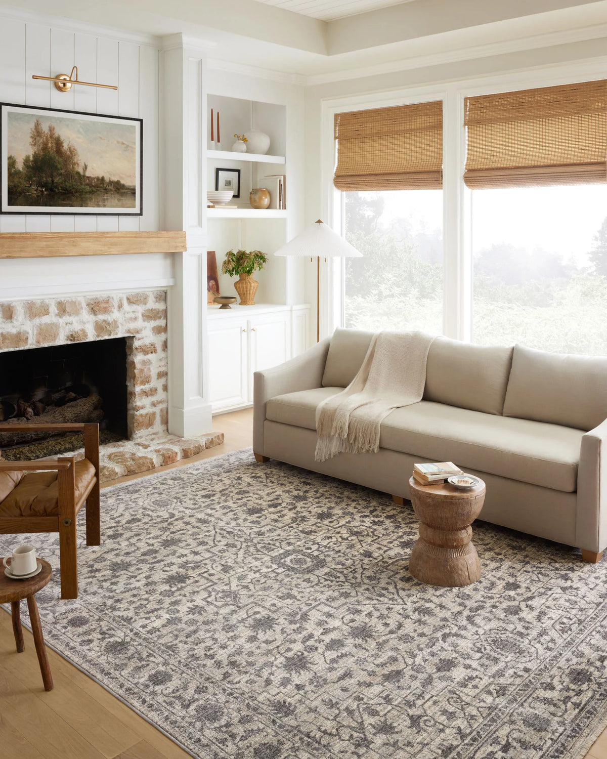Traditional accent rug with mist beige and charcoal ornamental geometric pattern