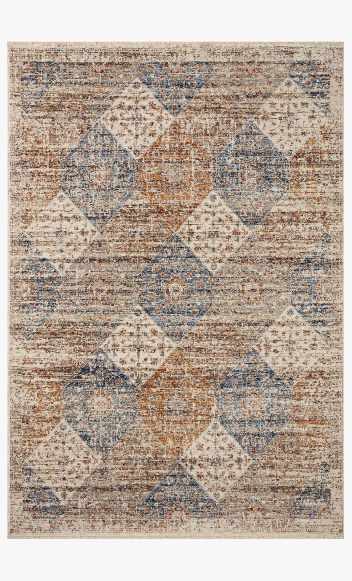 Traditional rug with ivory background, blue diamond motifs, distressed rust specks