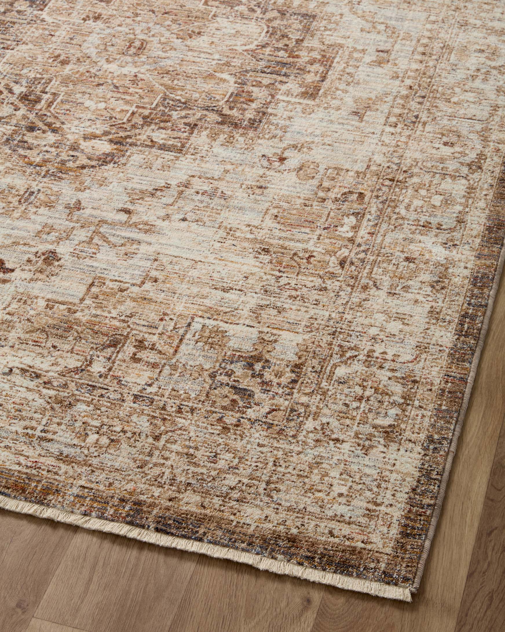 Top view of distressed tan and mocha traditional accent rug with detailed pattern