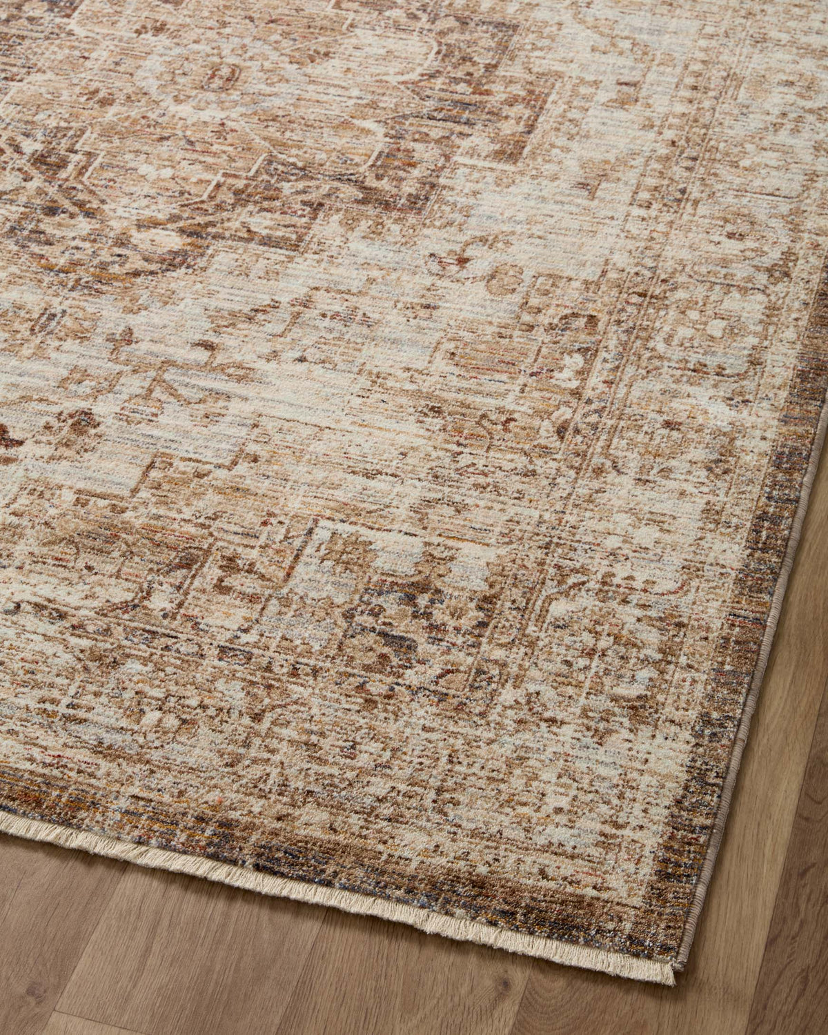 Top view of beige and brown traditional area rug with ornate distressed blocks