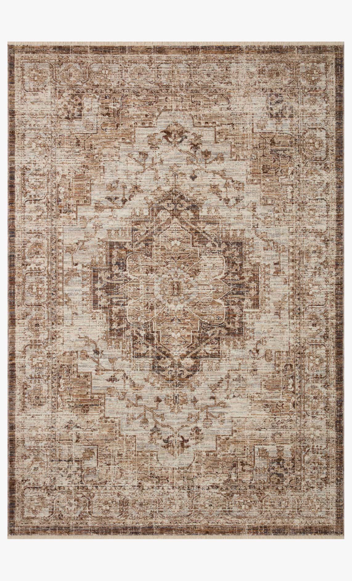 Traditional accent rug with ornate distressed center; mocha and beige border