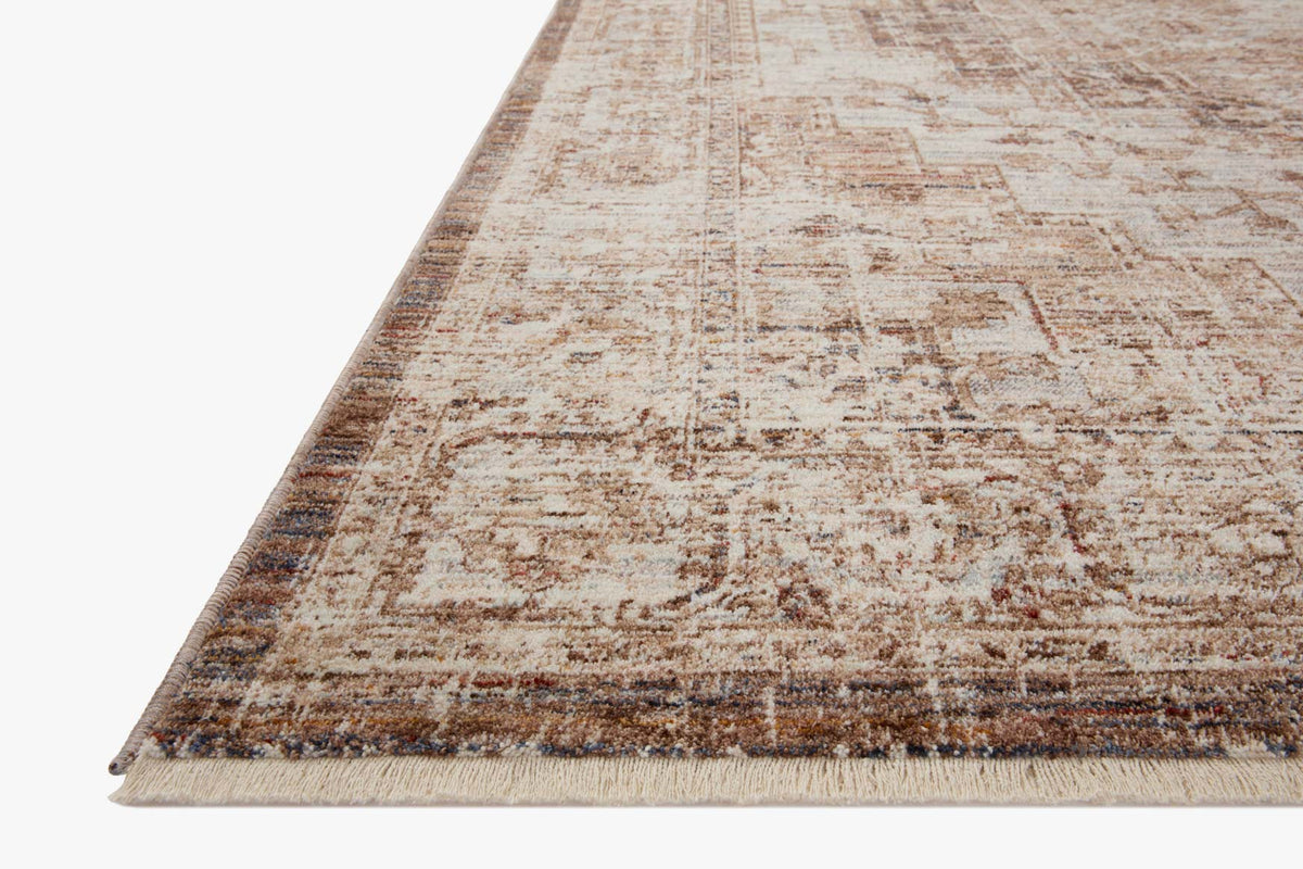 Traditional area rug with beige and mocha distressed pattern and border edging visible.