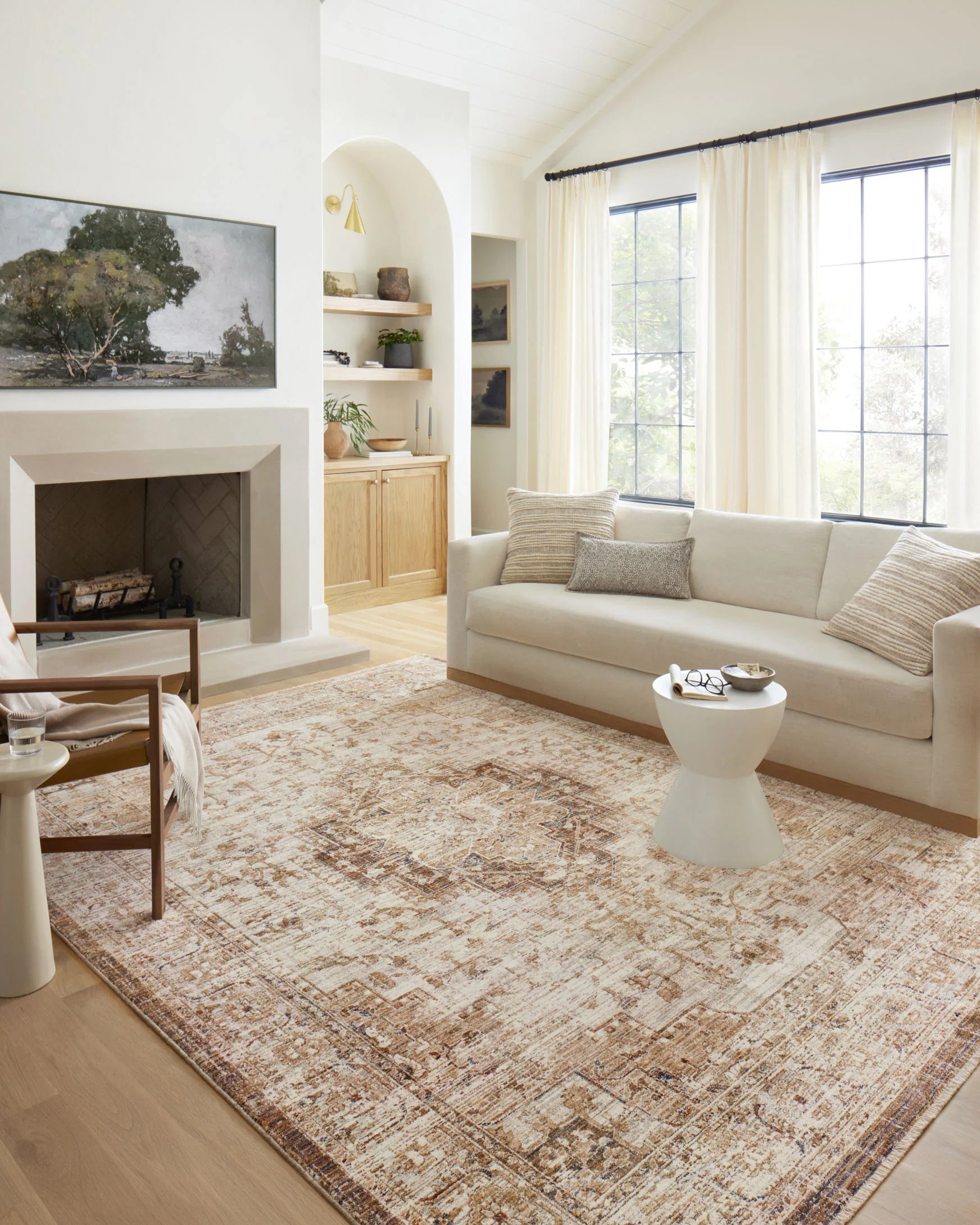 Traditional accent rug with distressed pattern in mocha and beige, large area
