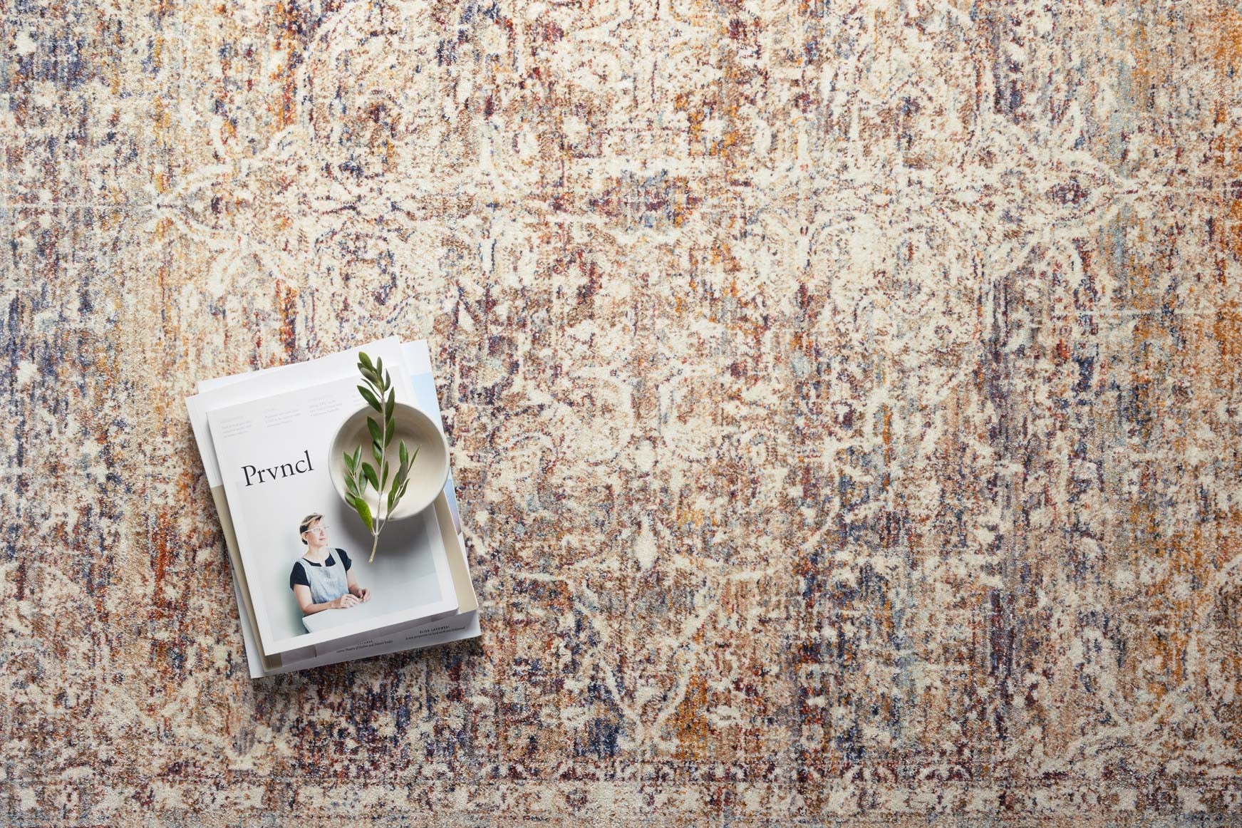 Distressed rug texture in cream with speckled multicolor accents