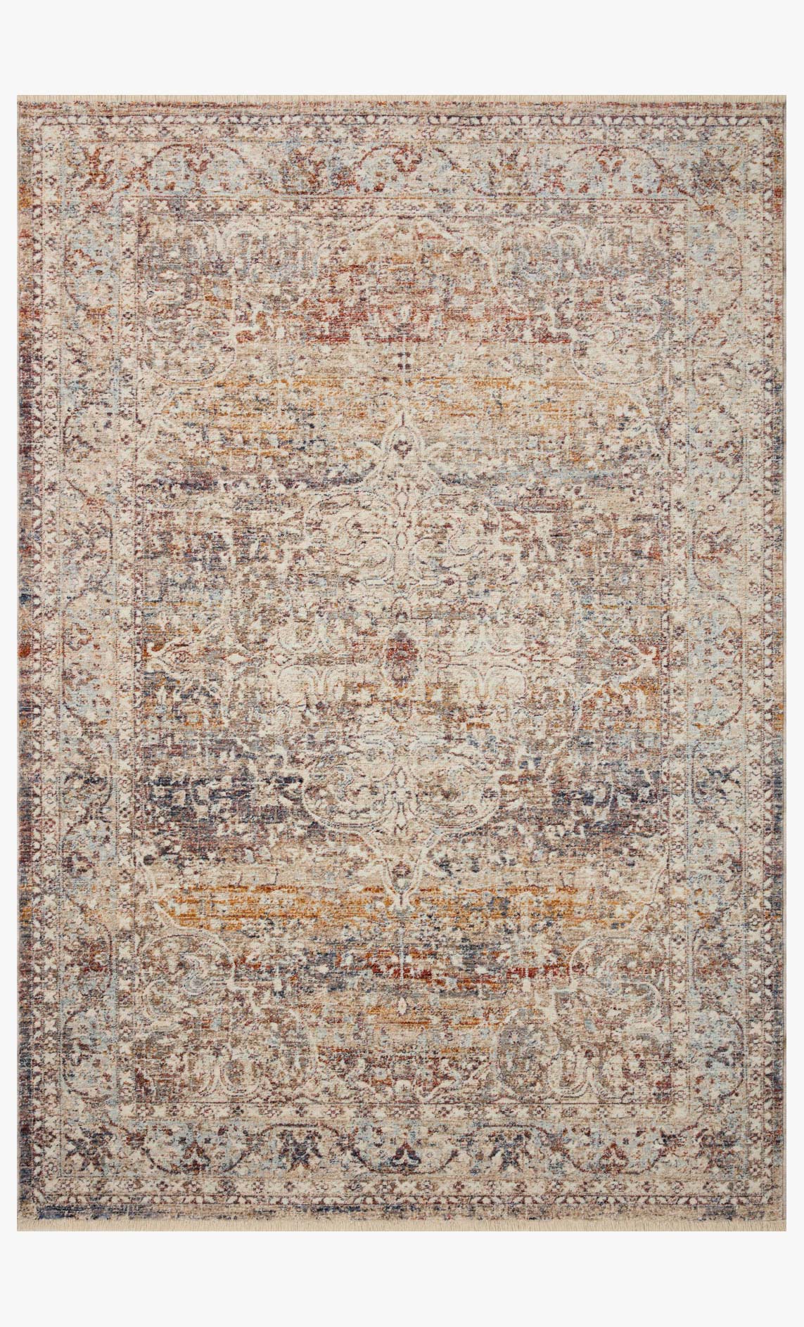 Rectangular traditional area rug with beige background and multicolor distressed medallion pattern.