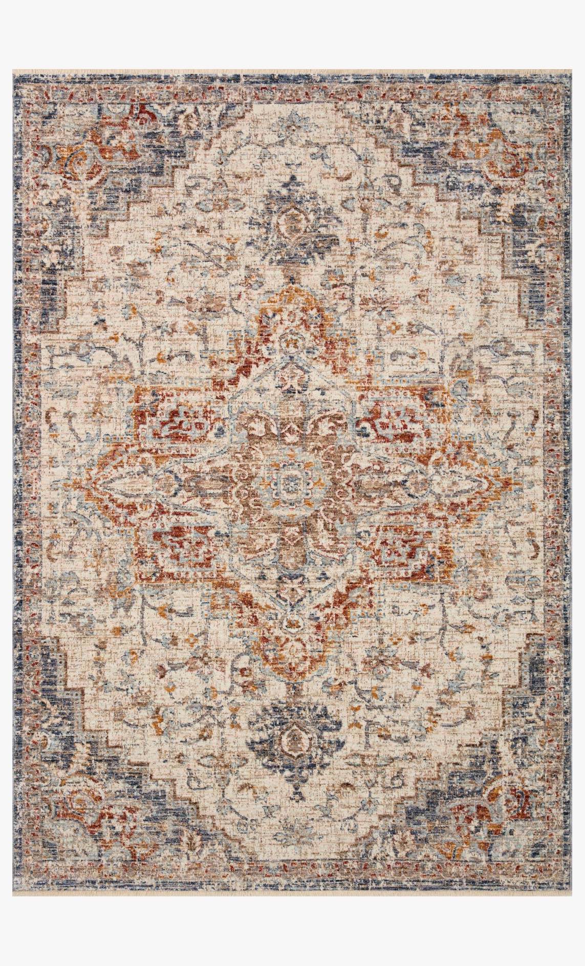 Traditional ivory area rug with ornate center medallion and blue-orange distressed pattern
