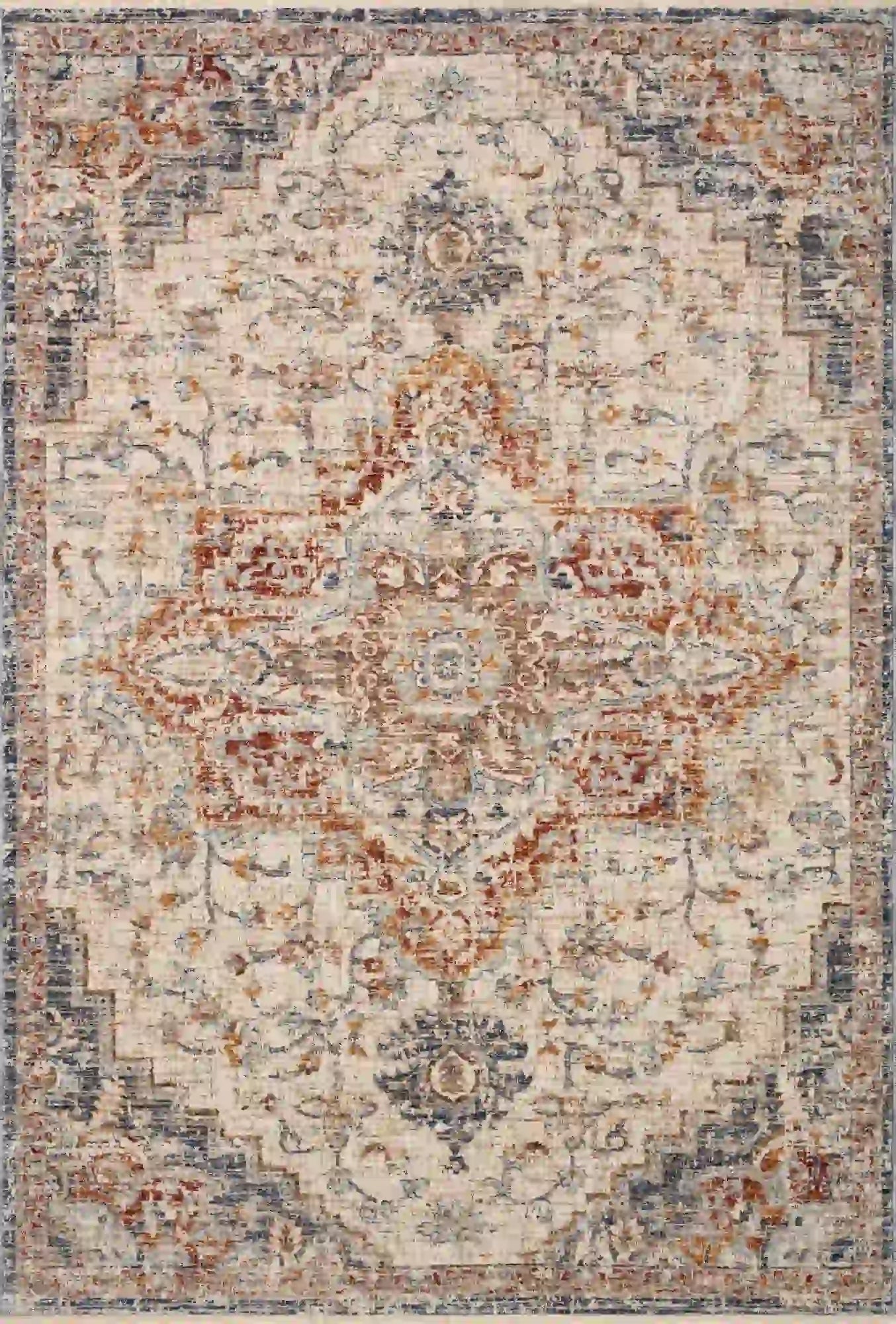 Traditional medallion accent rug, ivory background with blue and rust/orange distressed details.