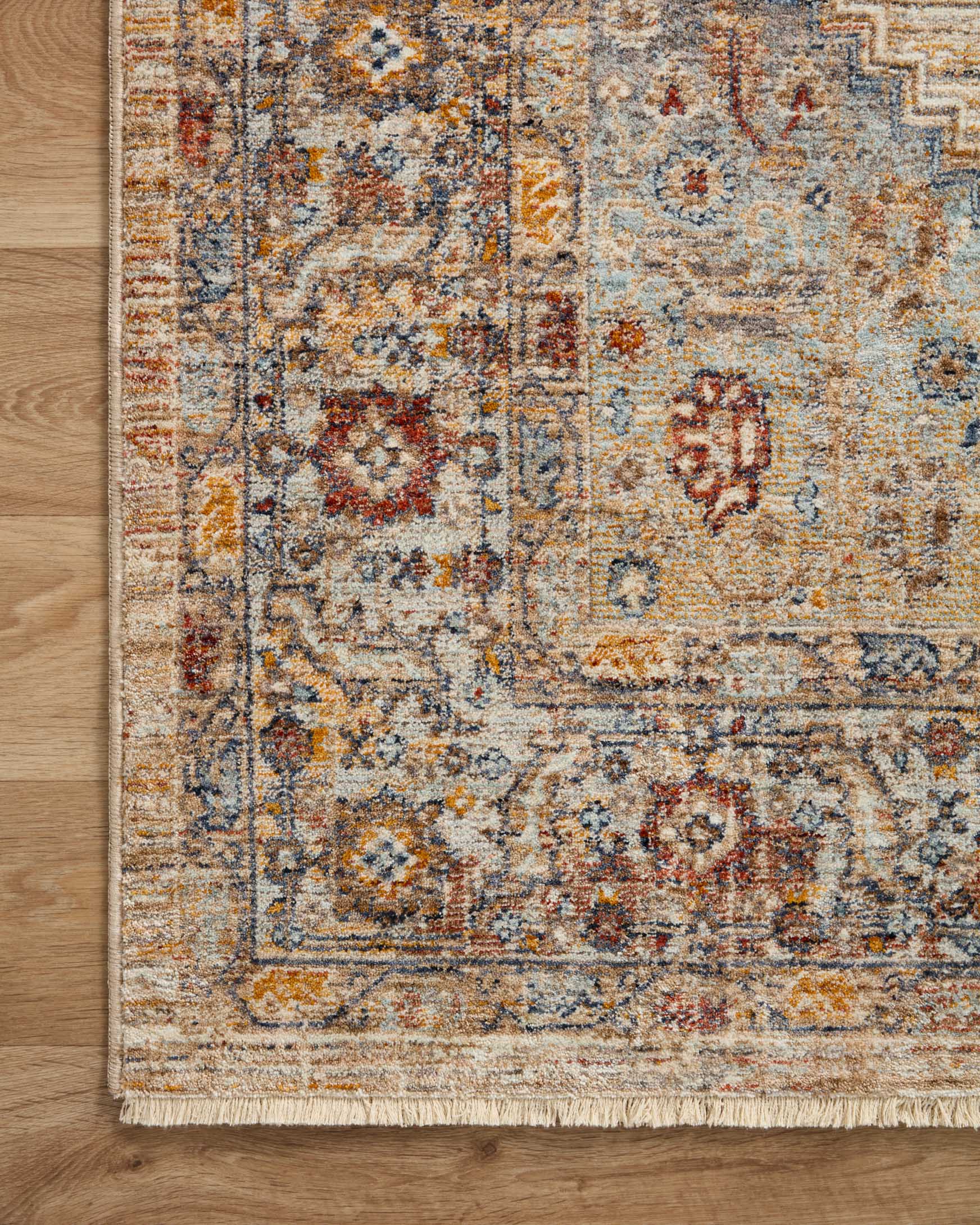 Traditional multicolor rug corner with ornate border, flat woven texture, fringe trim