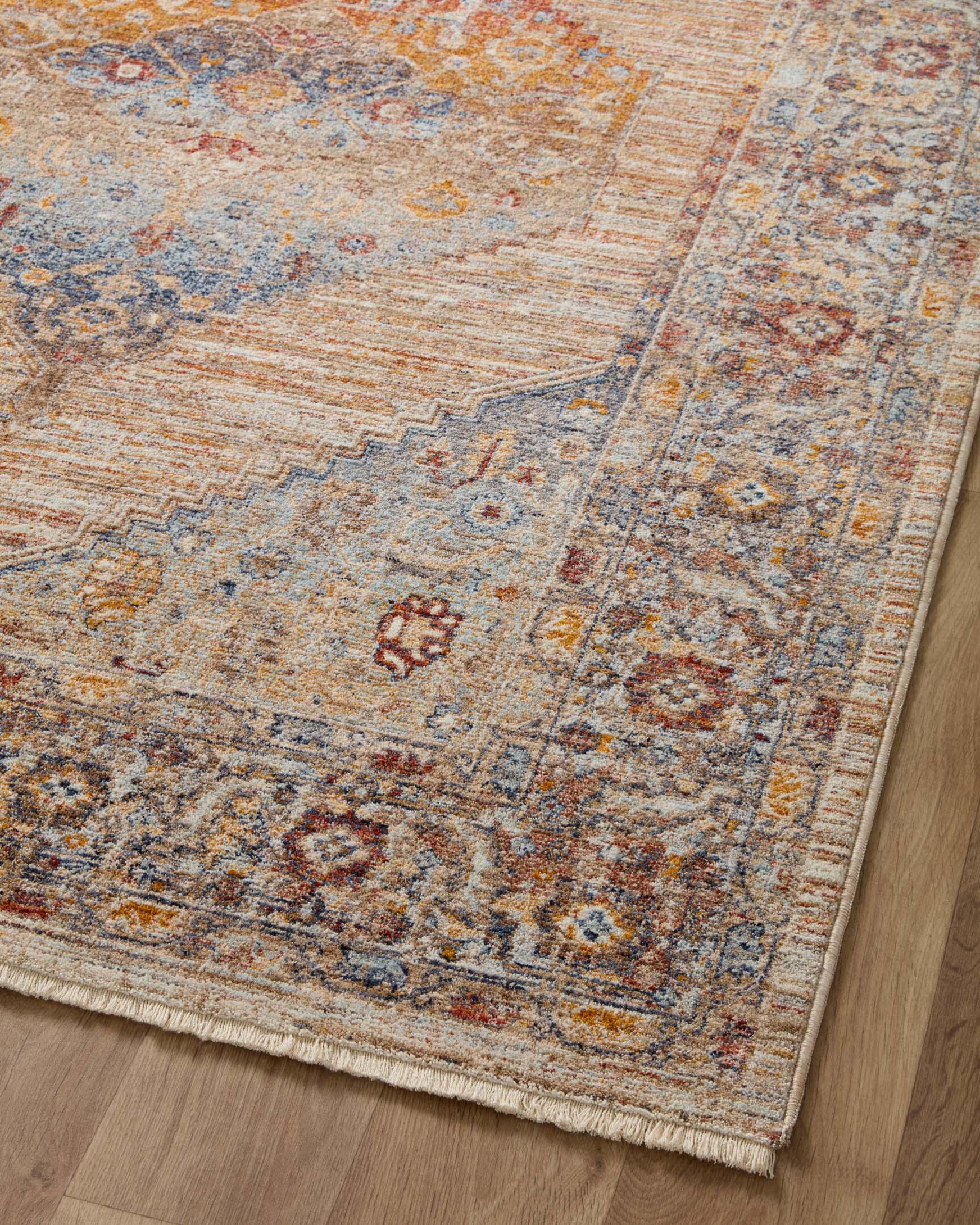 Multicolor traditional area rug with geometric medallion motif and distressed texture