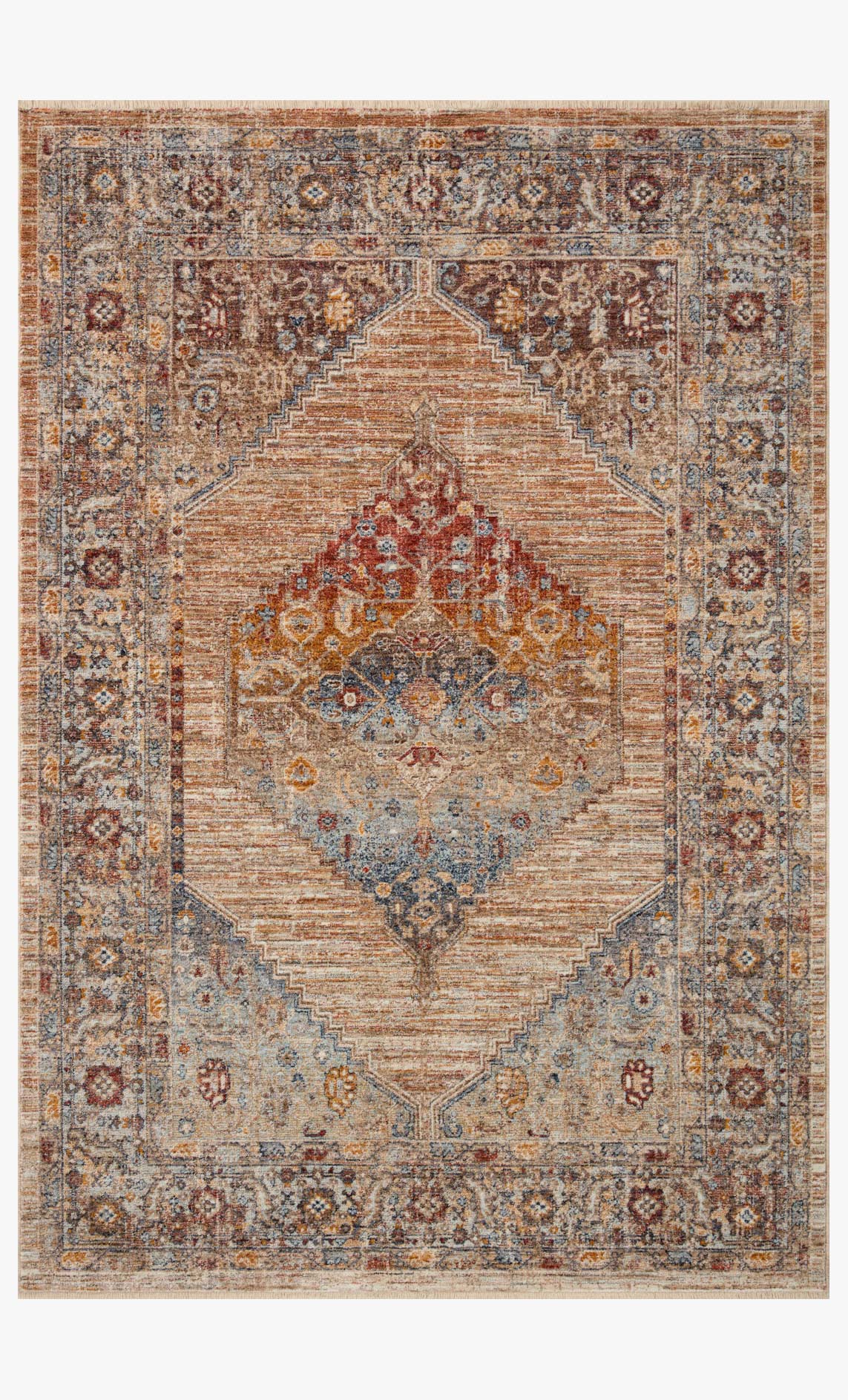 Round accent rug with central medallion and ornate border in blue, rust, and beige