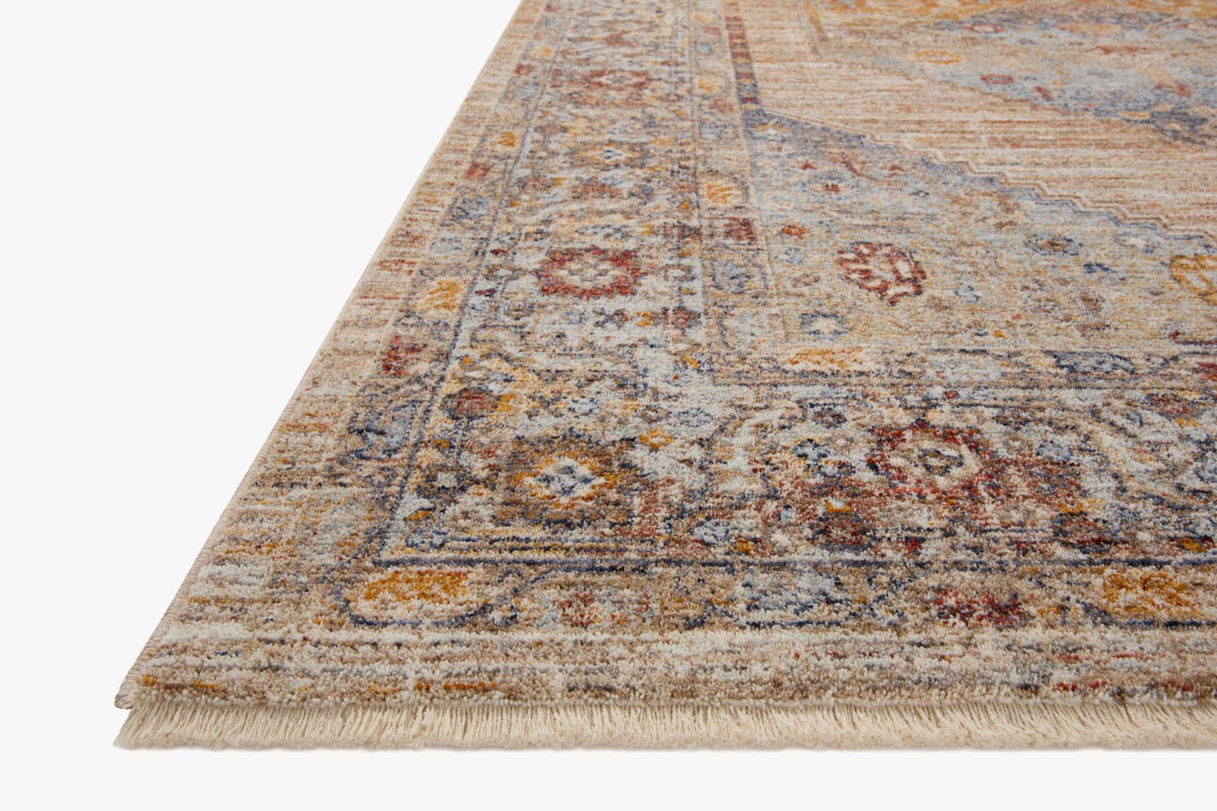 Traditional runner rug with multicolor distressed pattern and short fringe, cream and blue base
