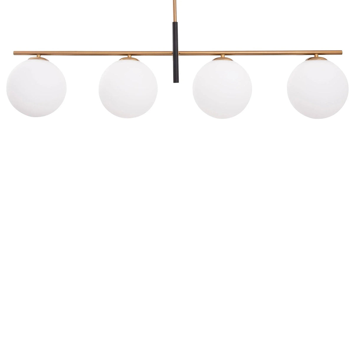 Gold linear 4-light chandelier bar with four white glass globe shades on display