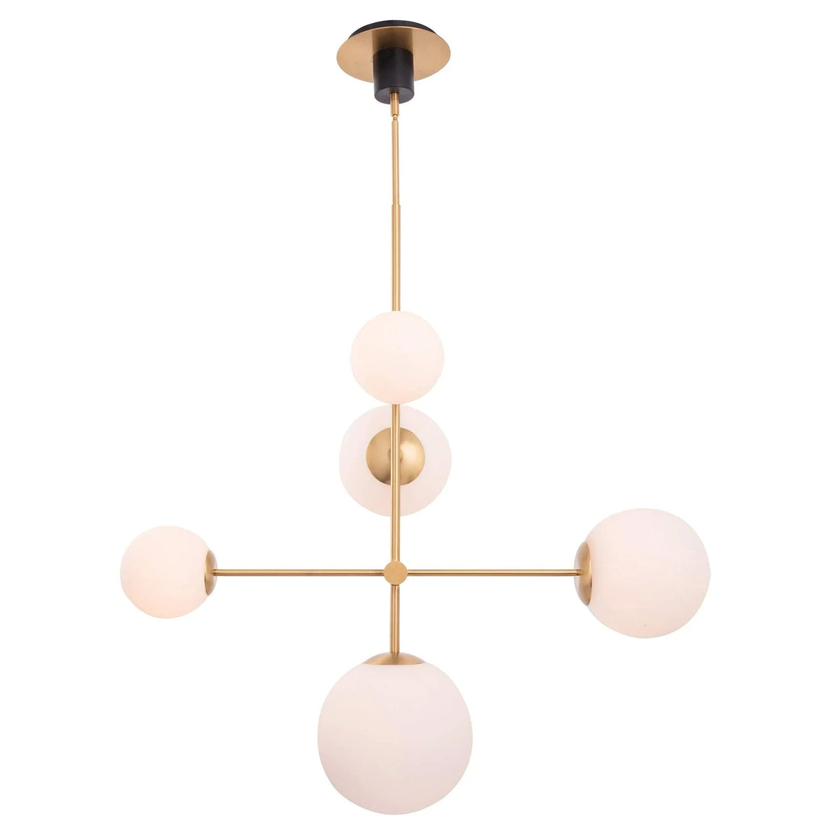 Golden 5-light chandelier with dark canopy and five white globe shades