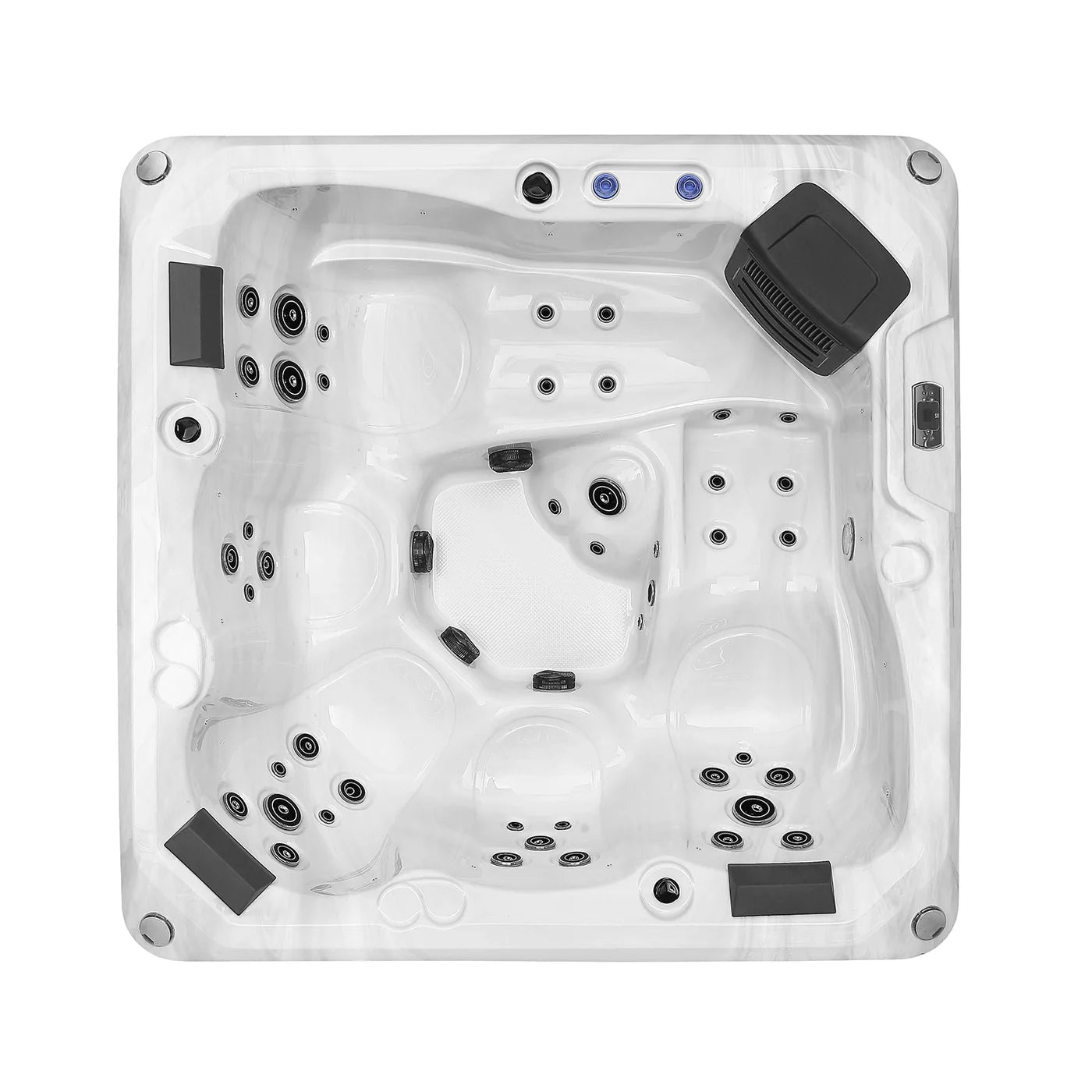 Square outdoor hot tub empty interior with jets, drink holders, and black control panels