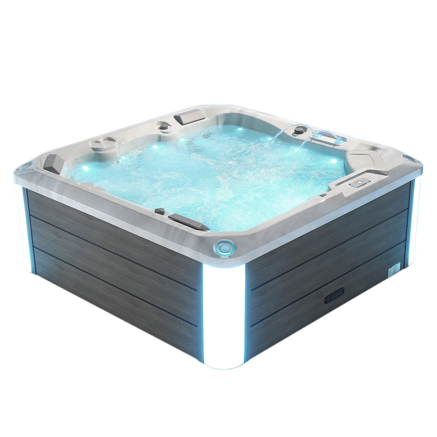 Square outdoor hot tub with open top, light-blue water, gray wood cabinet, white trim