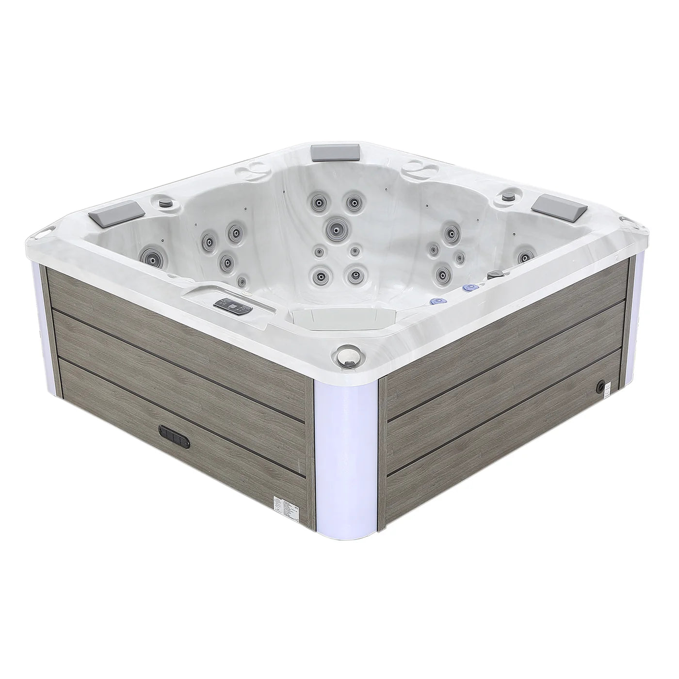 Square outdoor hot tub with white rim and gray wood sides, jets visible inside