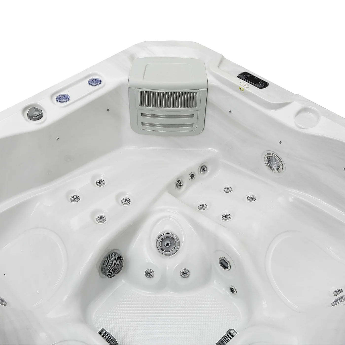 Square outdoor hot tub interior with air vent and control module, jet nozzles on white floor