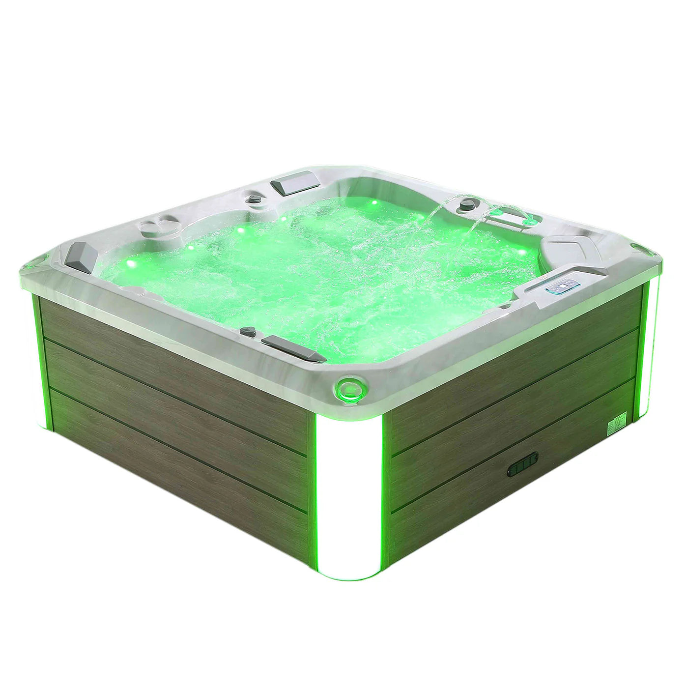 Square outdoor hot tub with green-lit water and LED accents, gray wood cabinet, white trim