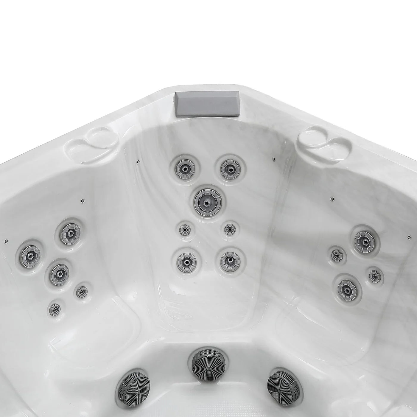 Square outdoor hot tub interior with multiple massage jets and central nozzle array
