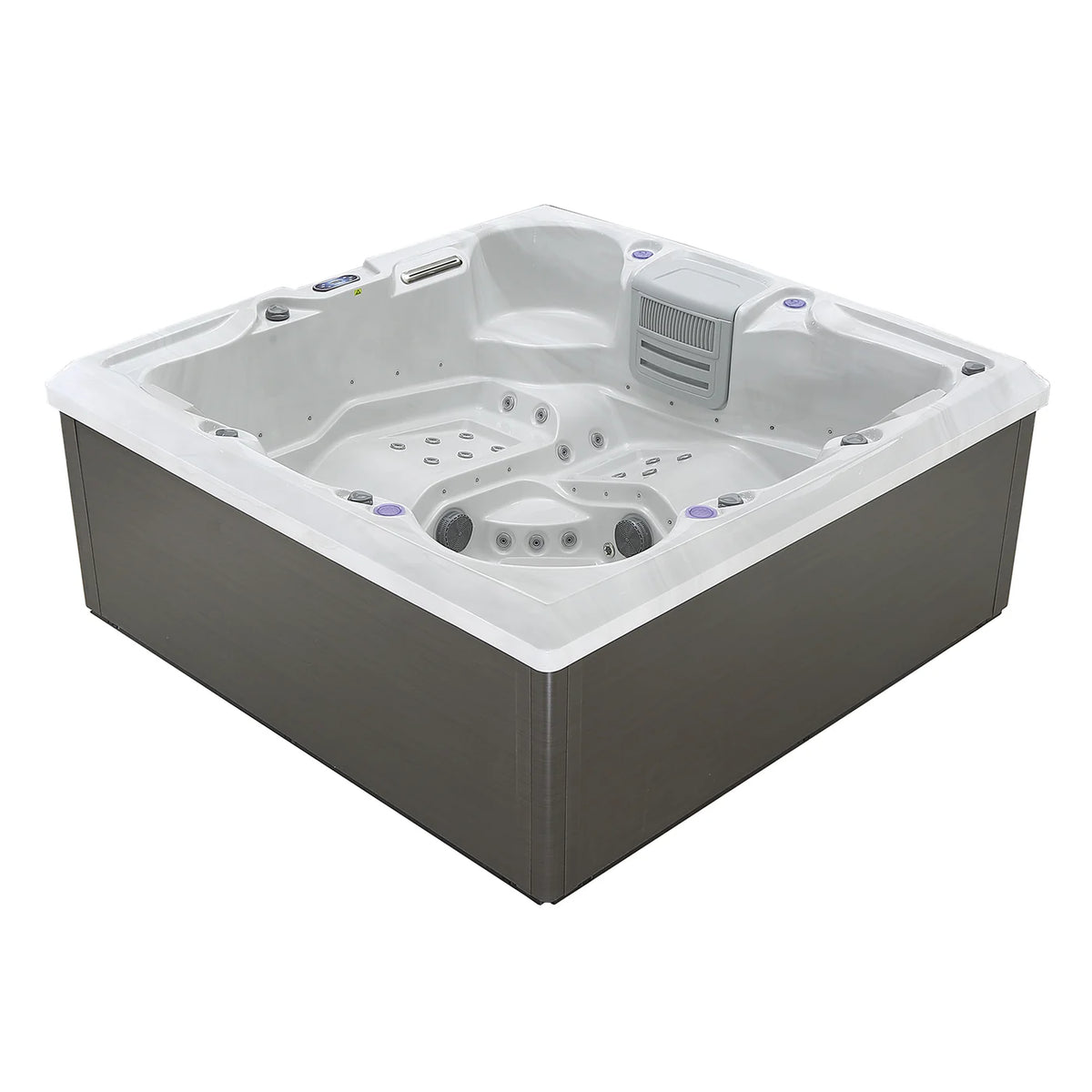 Square outdoor hot tub with white interior shell and visible whirlpool jets