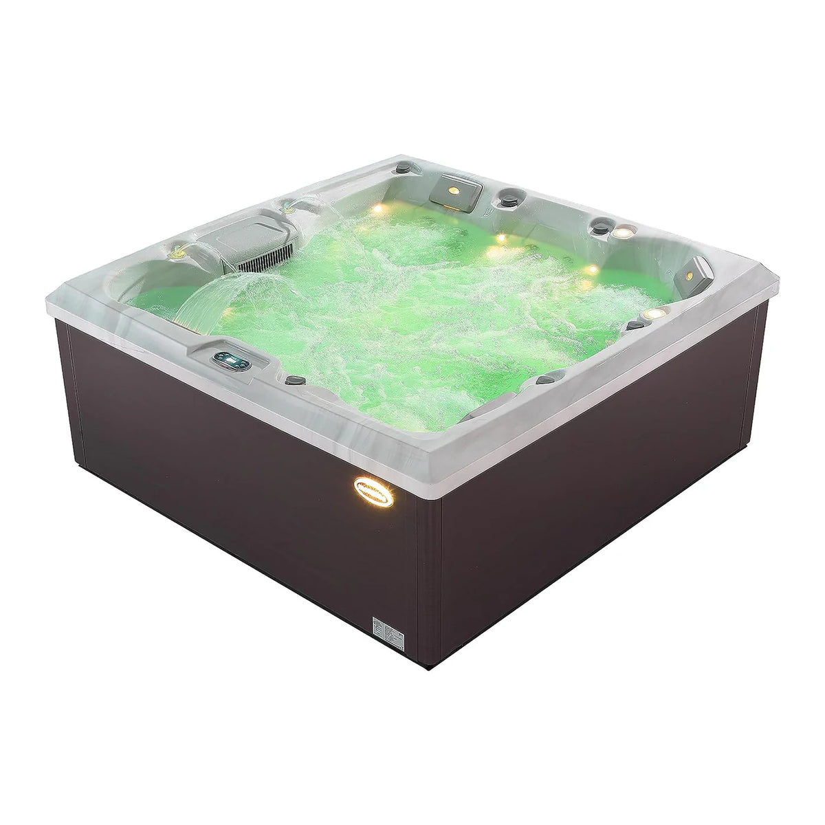 Square outdoor hot tub with green water and warm glowing side light