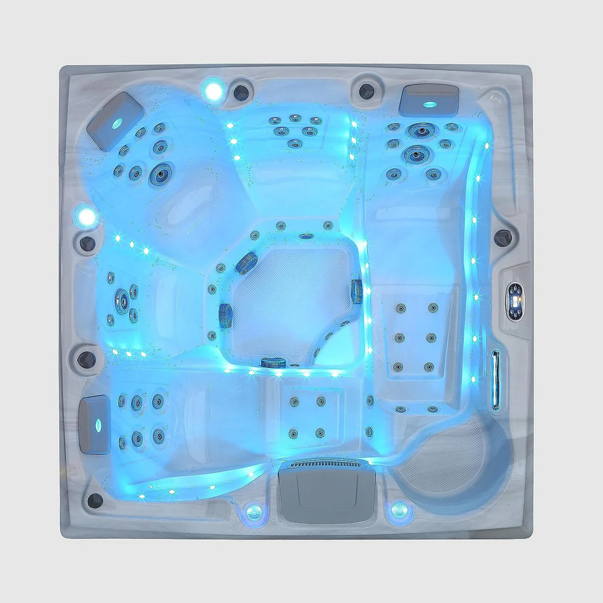 Square hot tub with blue-lit water, step area, and evenly spaced jets
