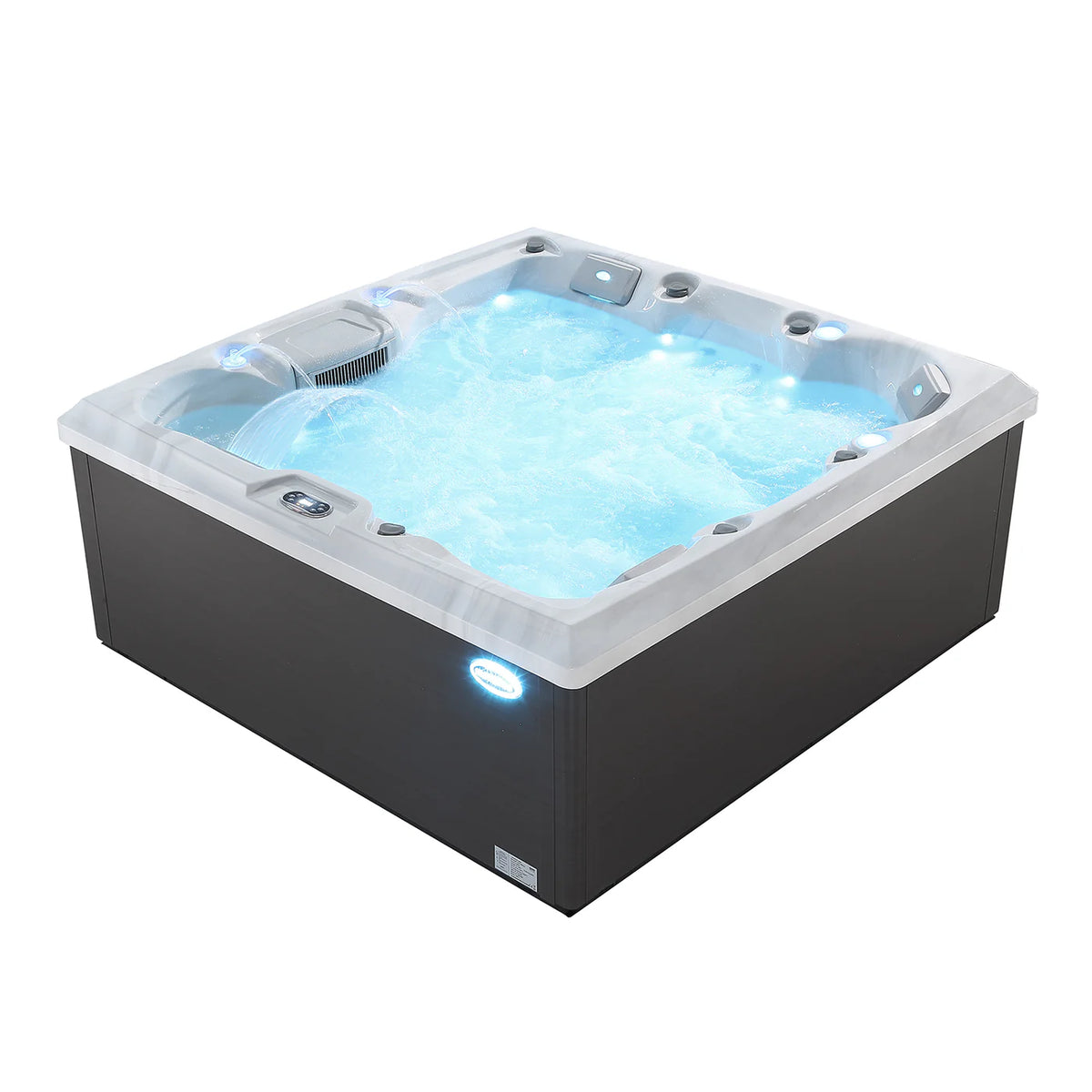 Square outdoor hot tub with blue water and glowing front light