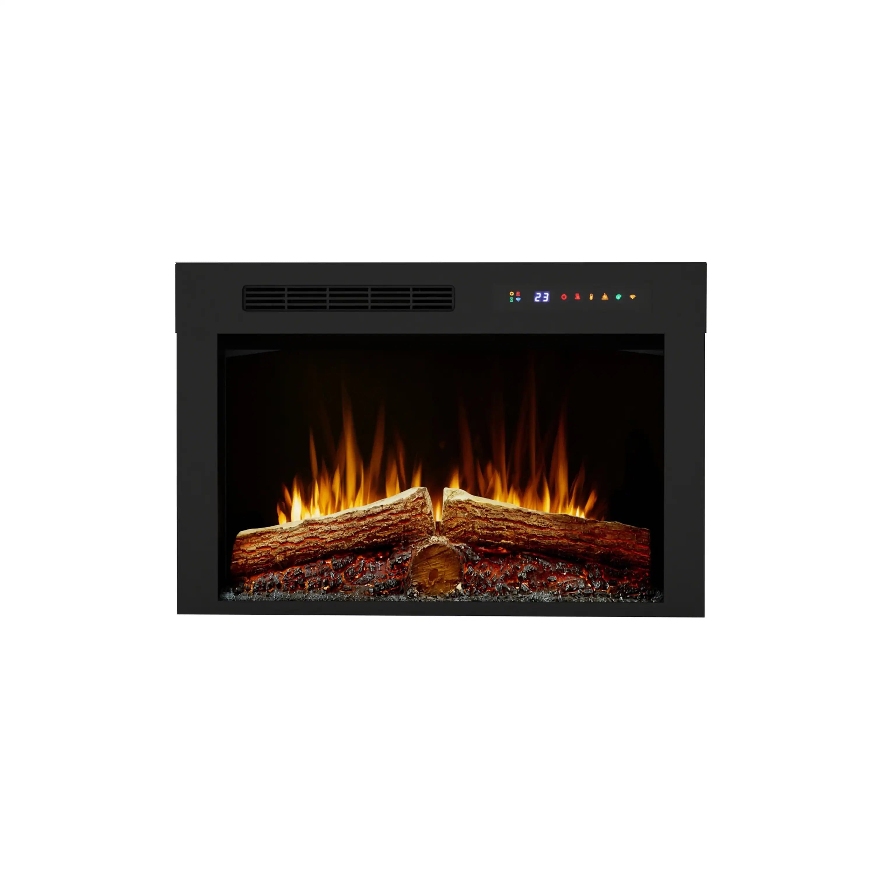 Black built-in electric firebox with faux logs and multi-color flame display