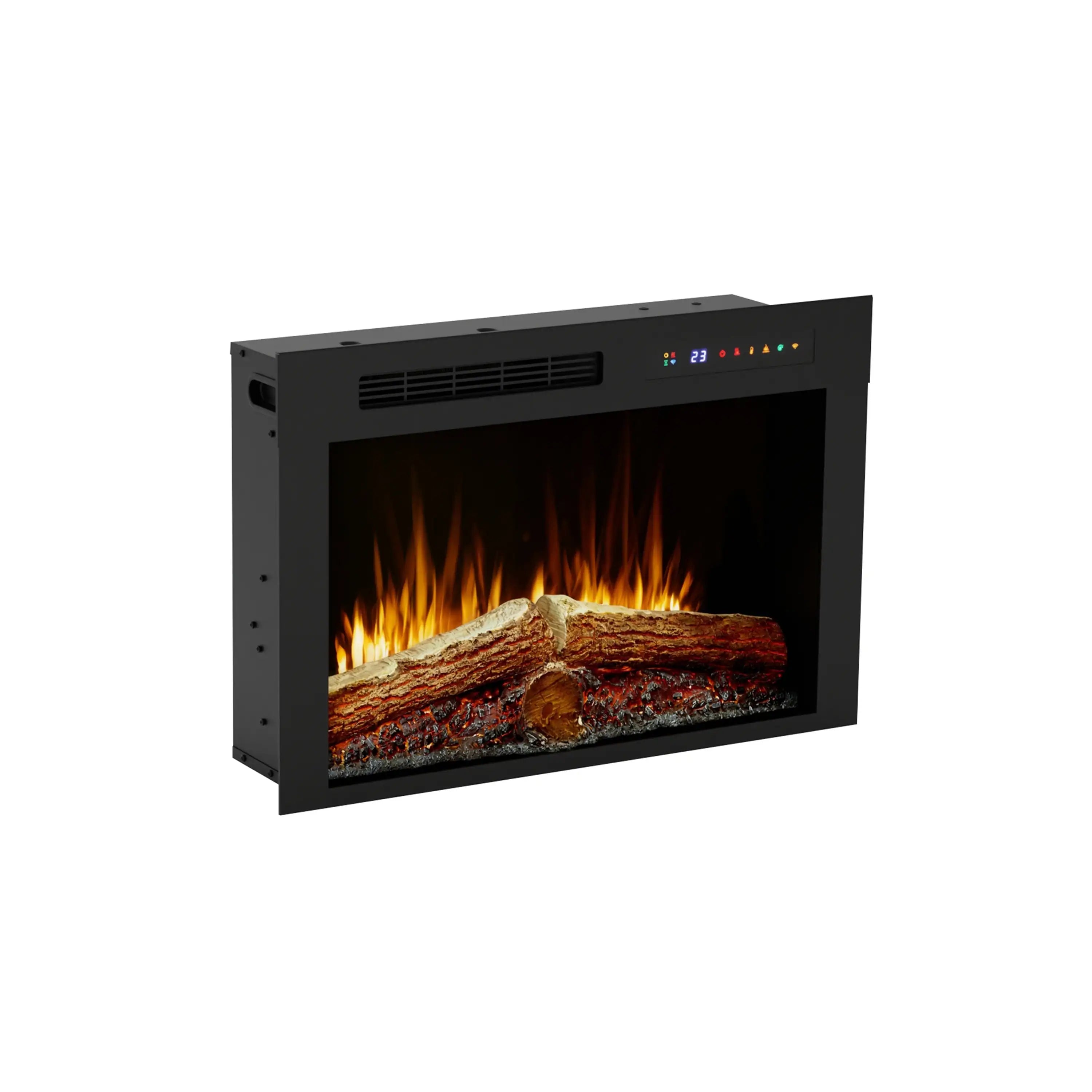 Black built-in electric firebox with realistic flames over faux log bed