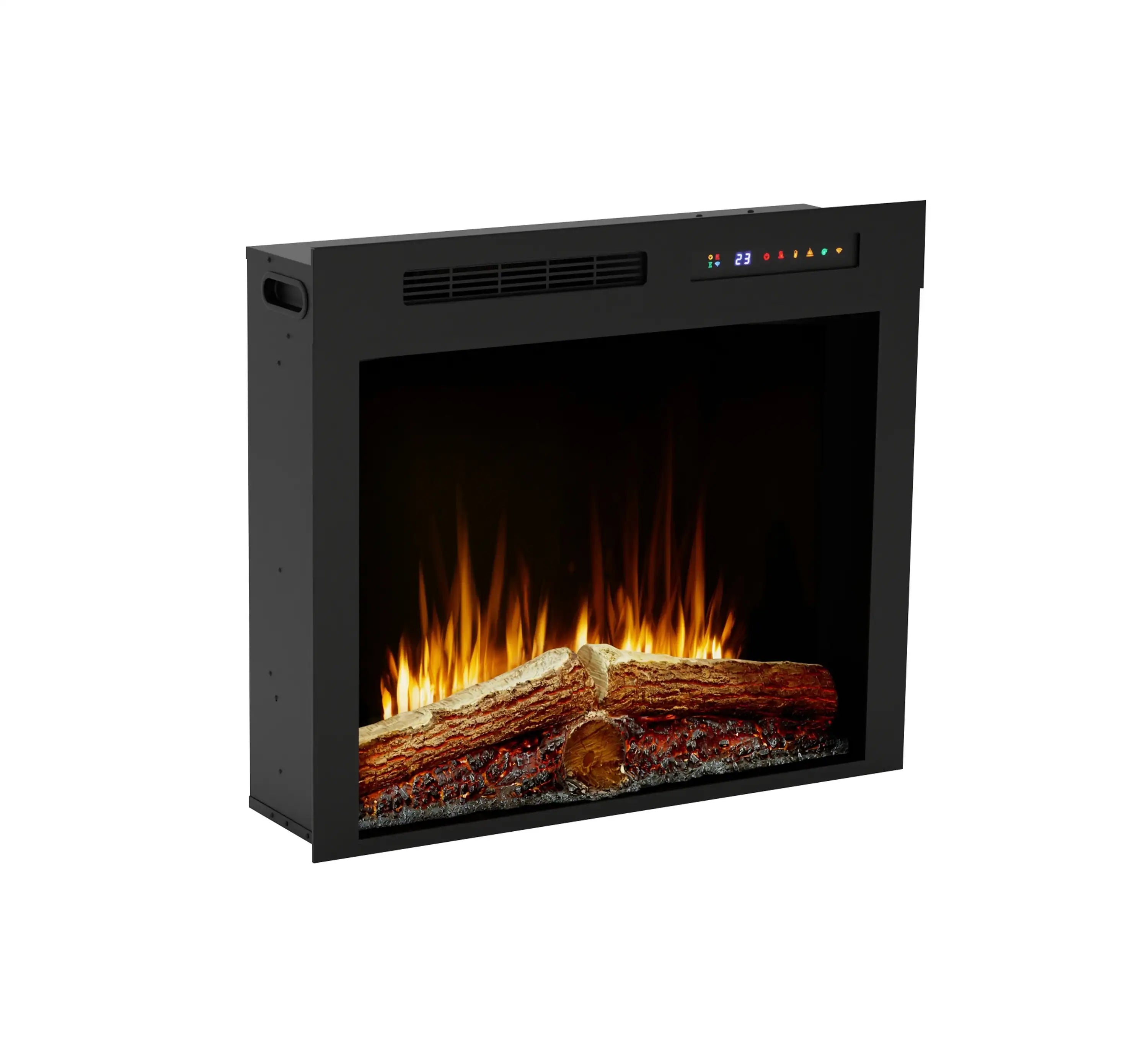 Black electric firebox with flame view, logs, and top control display