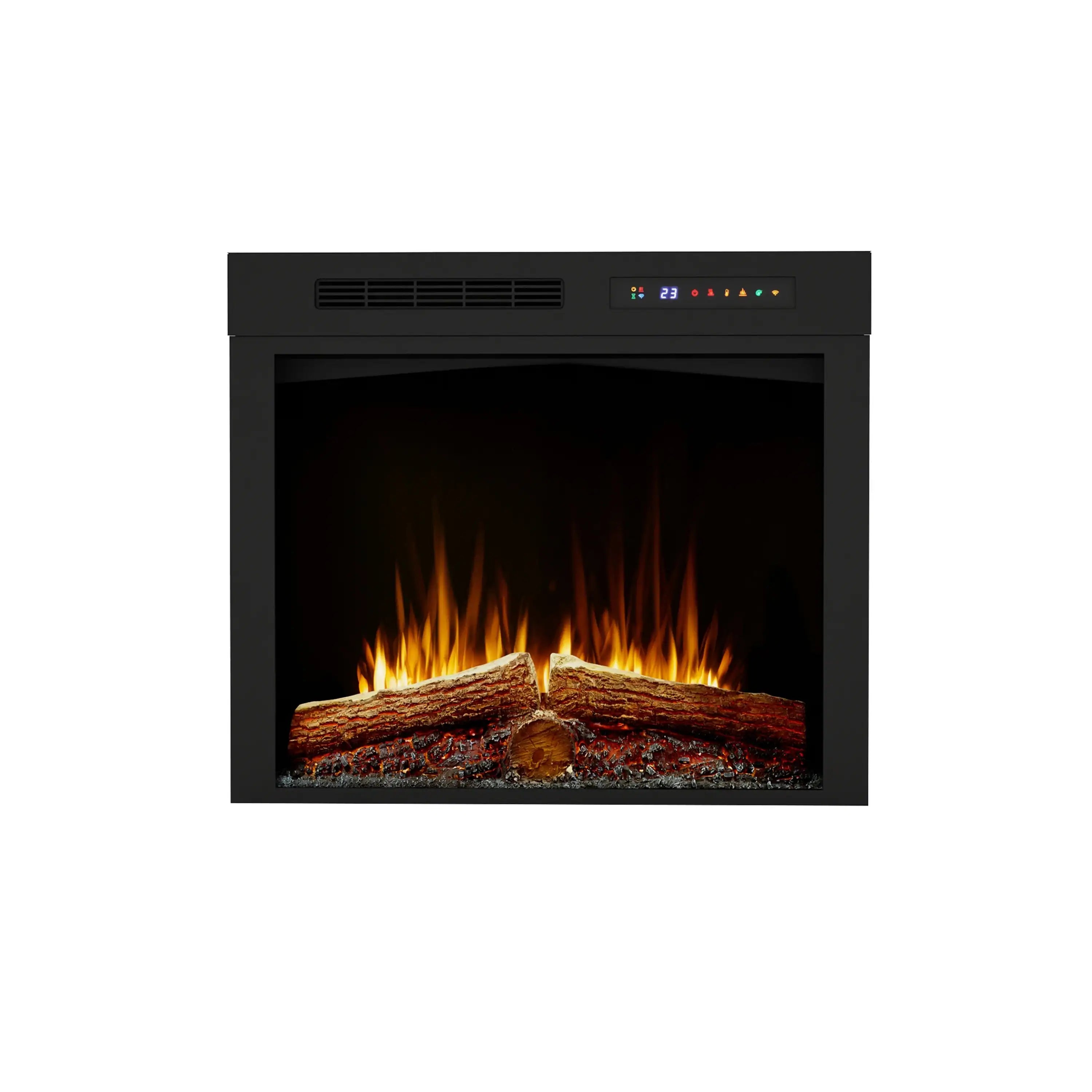 Black built-in electric firebox showing flame effect over log bed