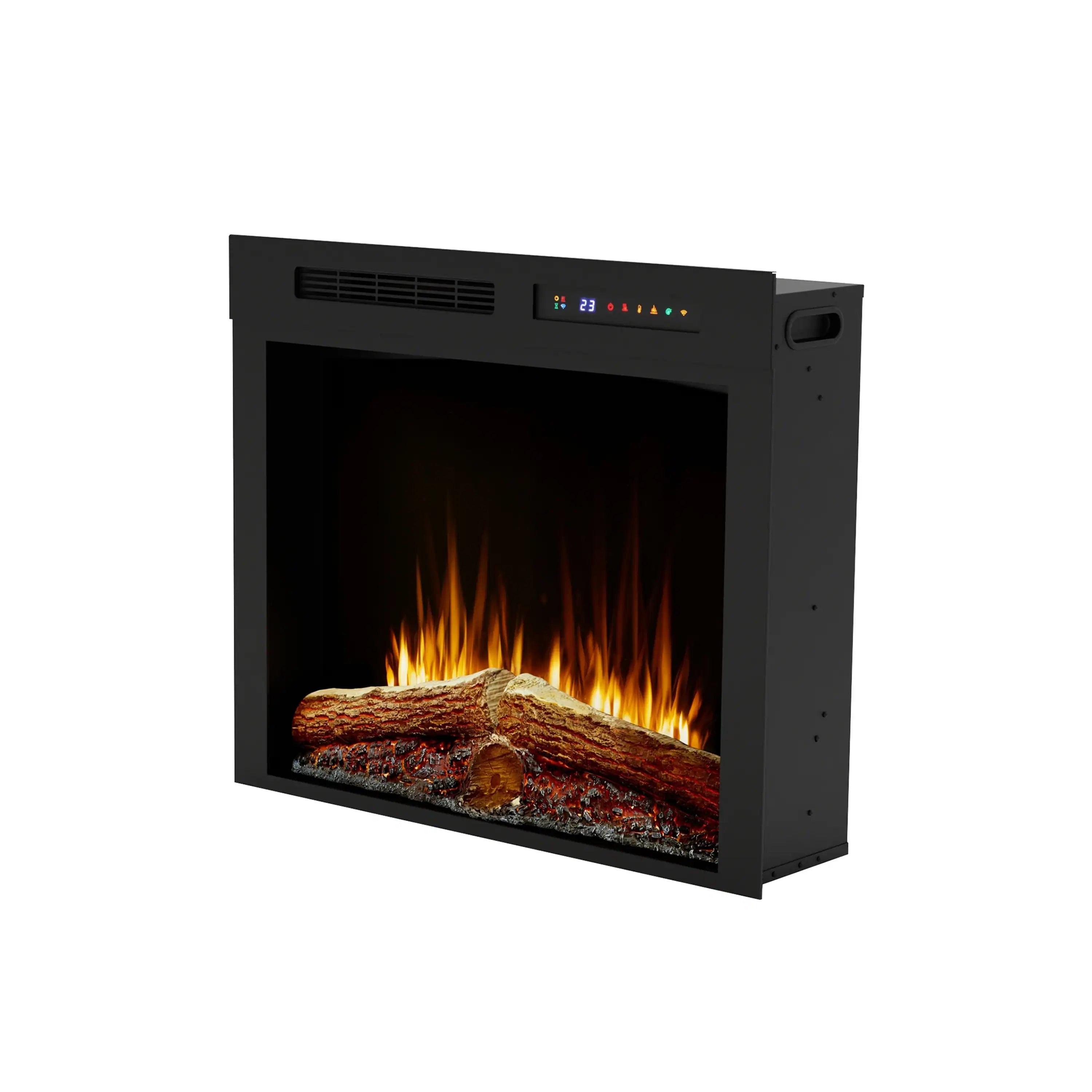 Black built-in electric firebox with glowing flame effect and log set