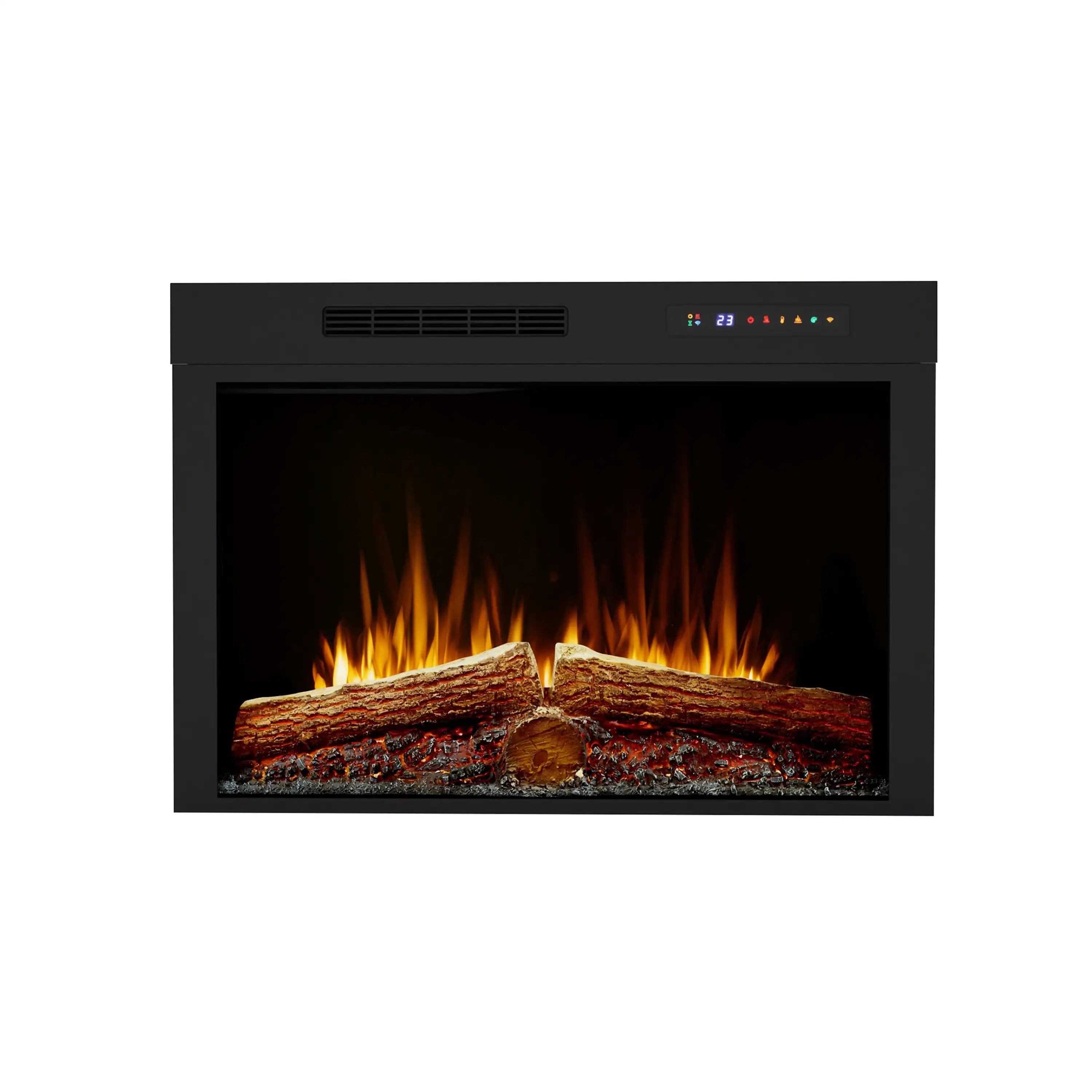 Black electric firebox with orange flame effect and split log arrangement