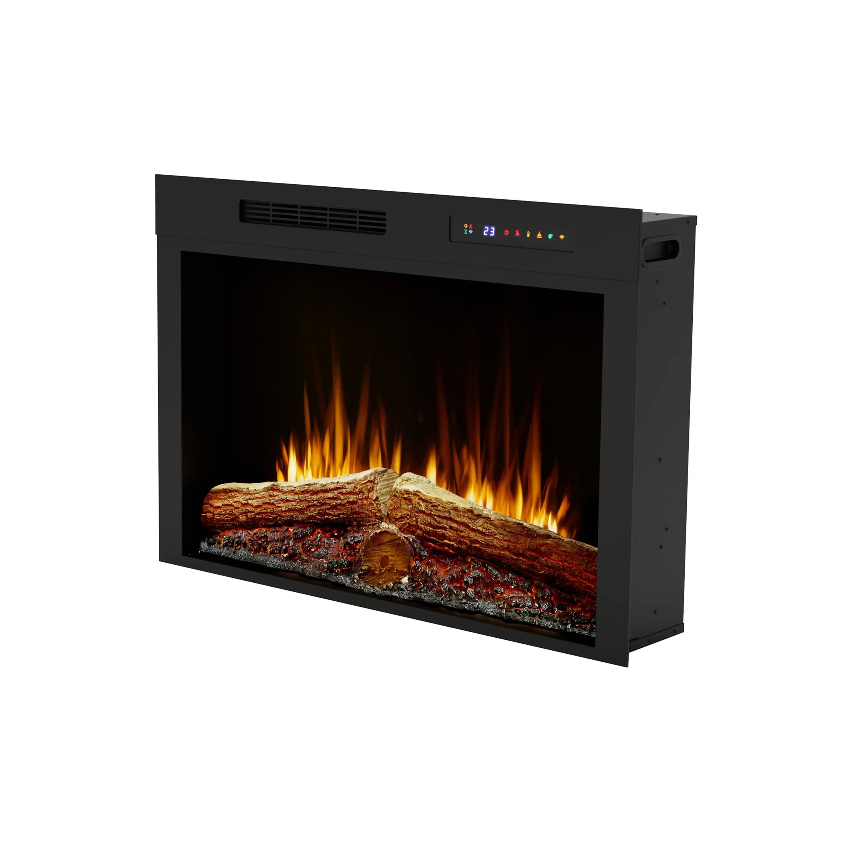 Black electric firebox with orange flames behind a front viewing window